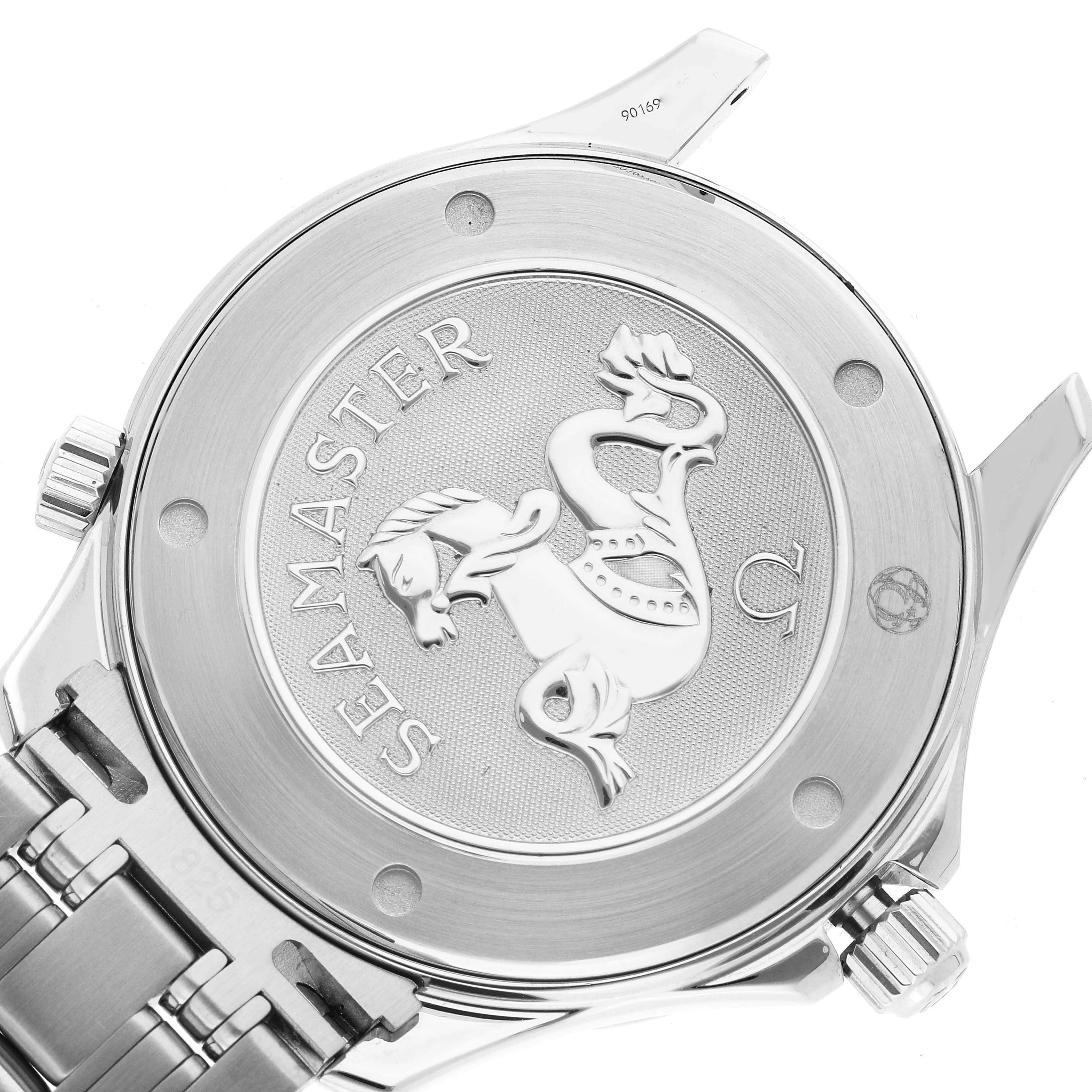 The image shows the back case and part of the bracelet of an Omega Seamaster 2221.80.00 Men's Stainless Steel Blue Dial 2221.80.00 Men's Stainless Steel Blue Dial watch.