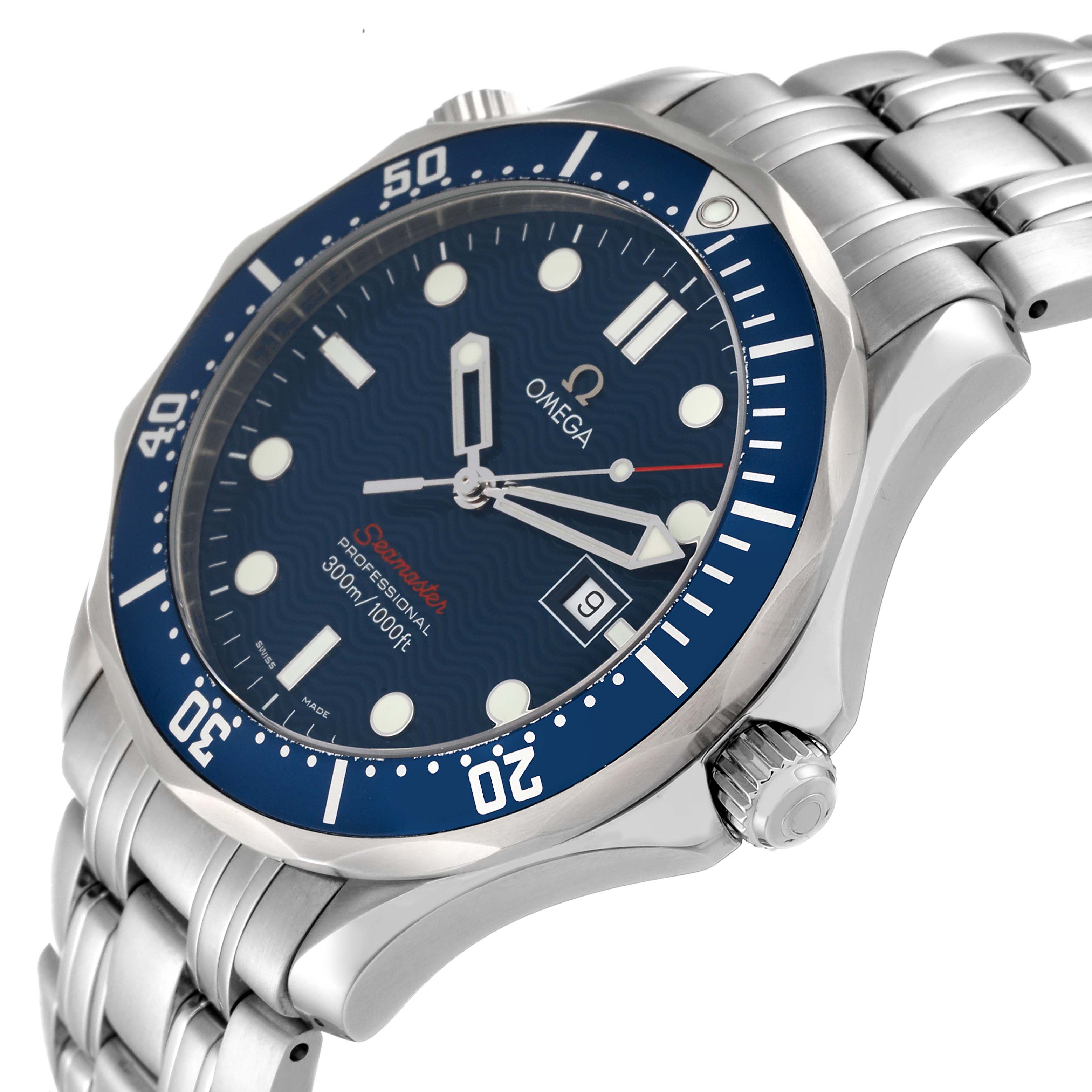 The image shows a close-up side angle of an Omega Seamaster 2221.80.00 Men's Stainless Steel Blue Dial 2221.80.00 Men's Stainless Steel Blue Dial watch, highlighting its dial, bezel, crown, and bracelet.