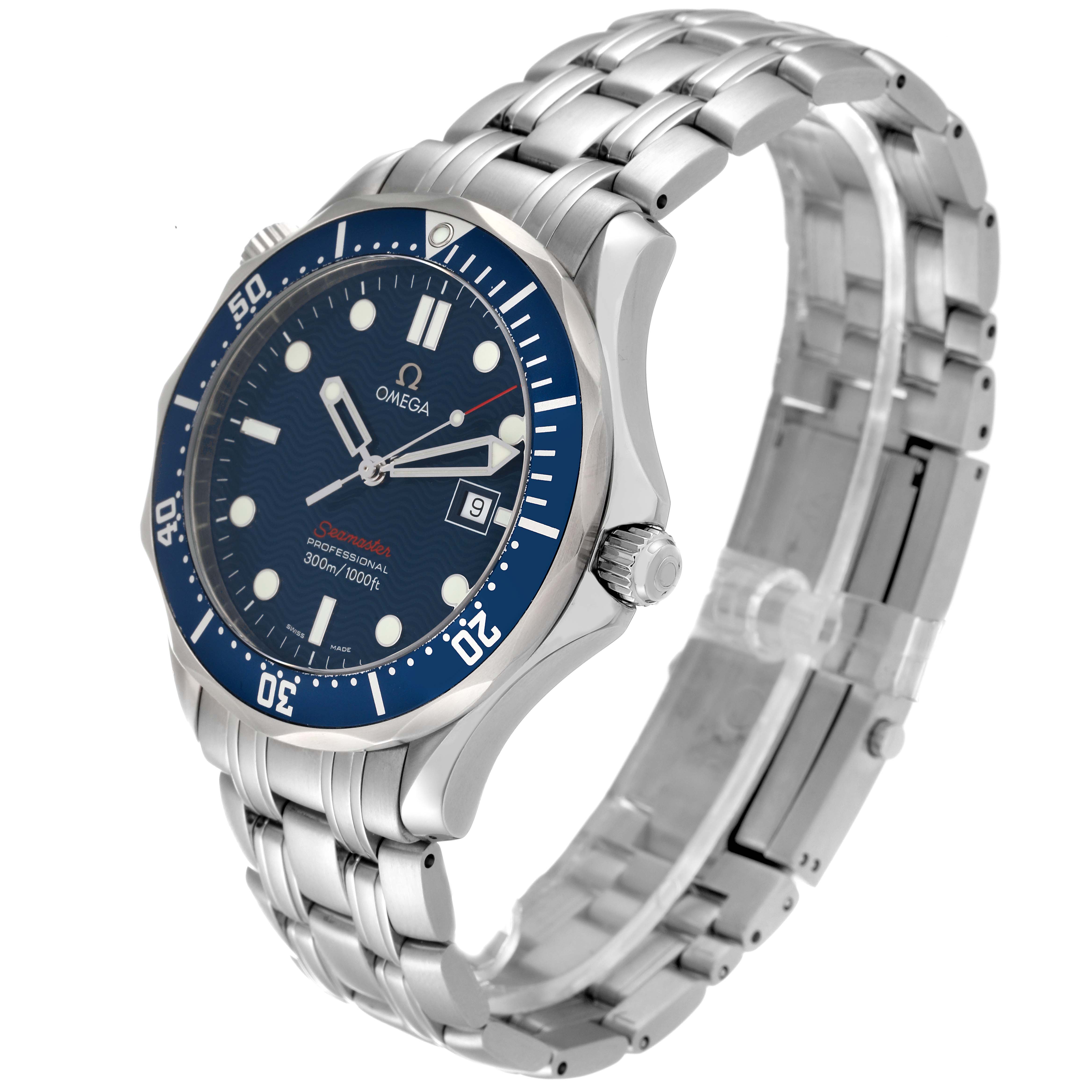 The Omega Seamaster 2221.80.00 Men's Stainless Steel Blue Dial 2221.80.00 Men's Stainless Steel Blue Dial watch is shown at a slight angle, showcasing the face, bezel, crown, and stainless steel bracelet.