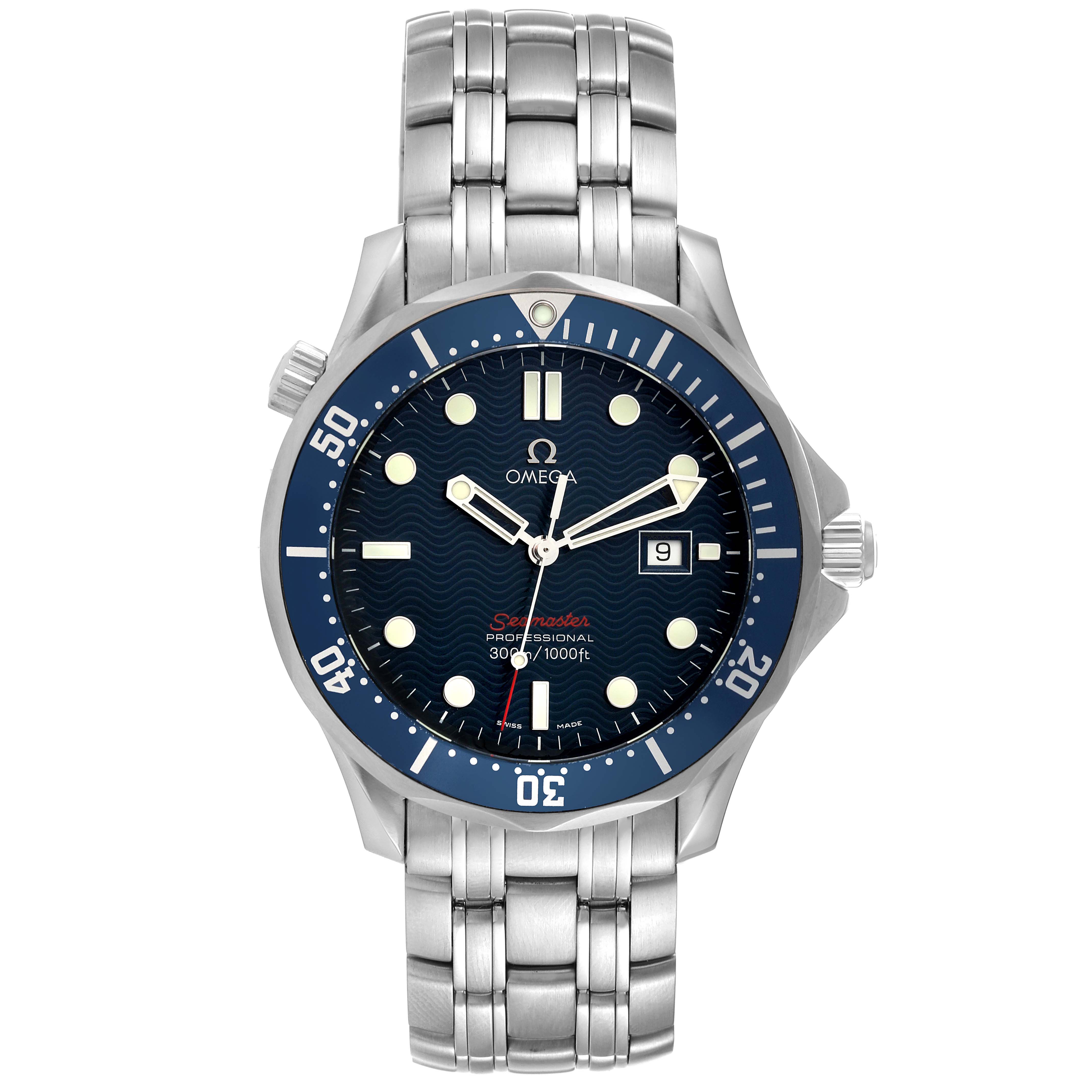 The image shows a frontal view of the Omega Seamaster 2221.80.00 Men's Stainless Steel Blue Dial 2221.80.00 Men's Stainless Steel Blue Dial watch, including the dial, bezel, and stainless steel bracelet.