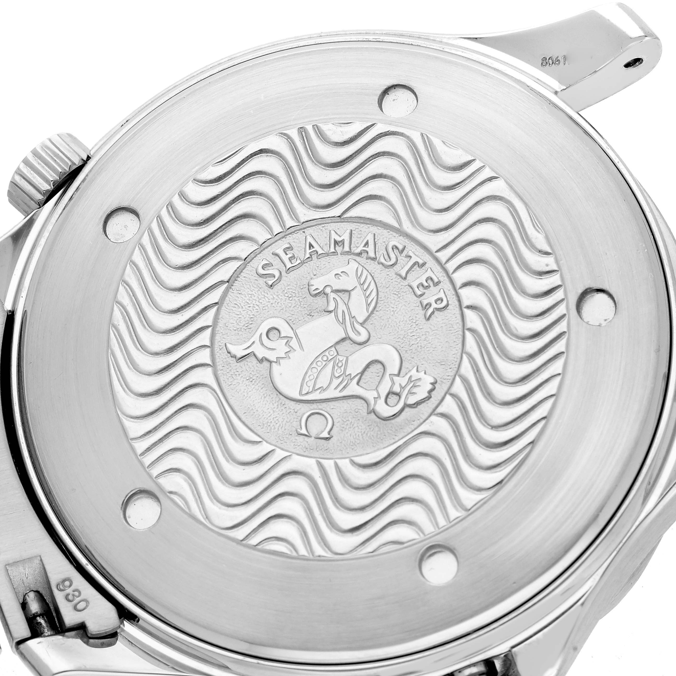 The image shows the back case of the Omega Seamaster 2254.50.00 men
s watch, featuring the engraved Seamaster logo with a wave pattern design.
