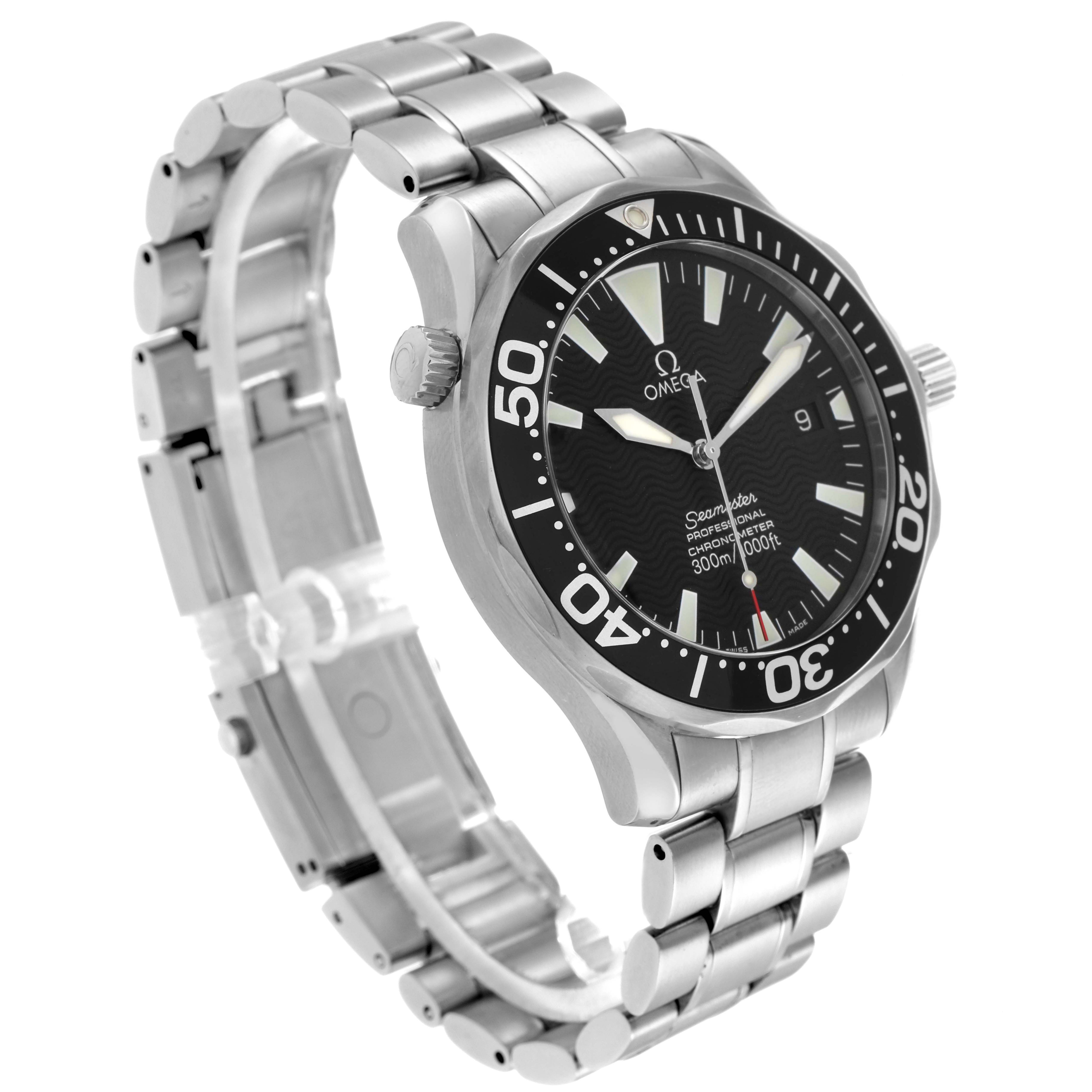 The image shows an Omega Seamaster model 2254.50.00 men
s watch angled to display the face, bezel, crown, and part of the bracelet.