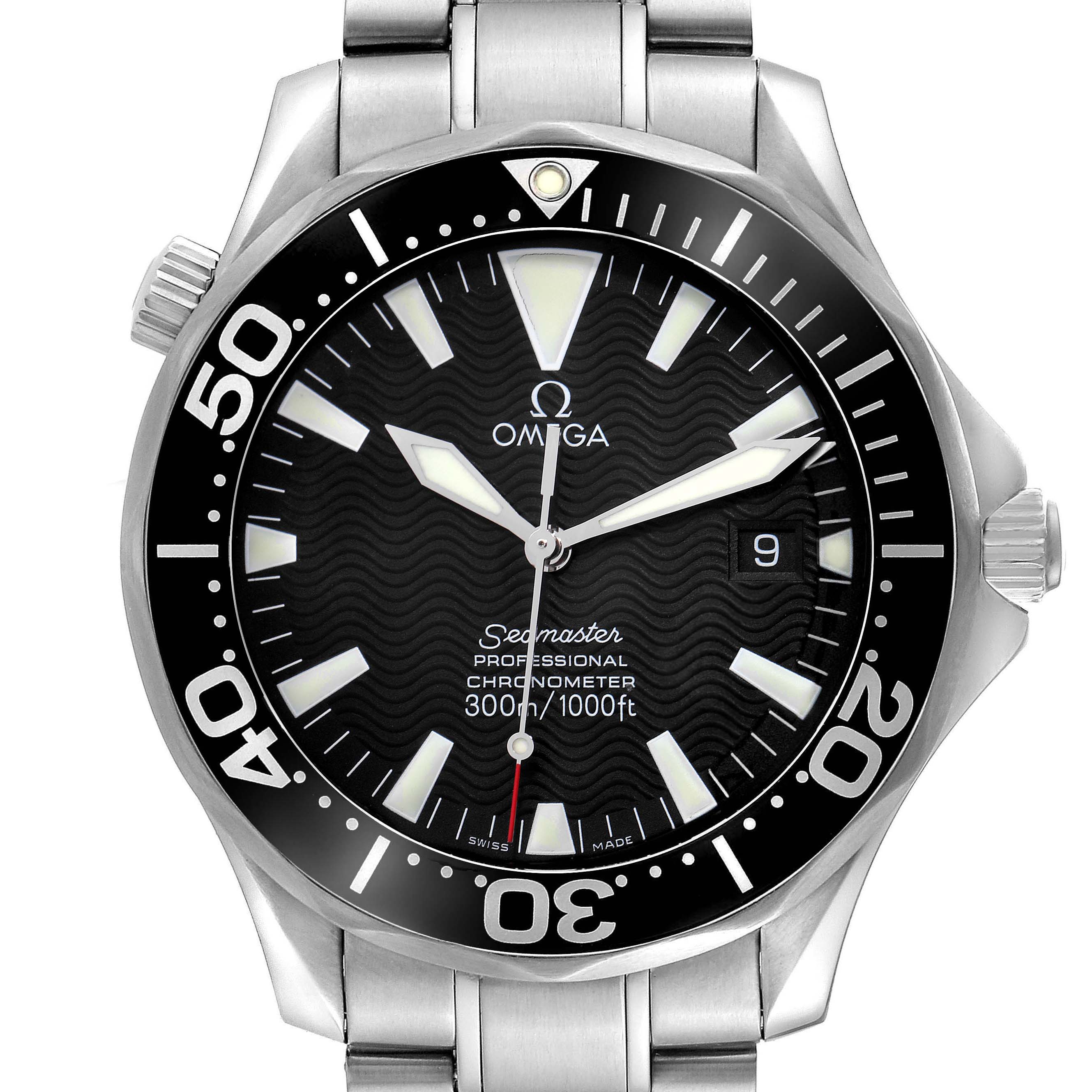 The Omega Seamaster model 2254.50.00 is shown from a top view, highlighting its black bezel, wave-pattern dial, and stainless steel bracelet.