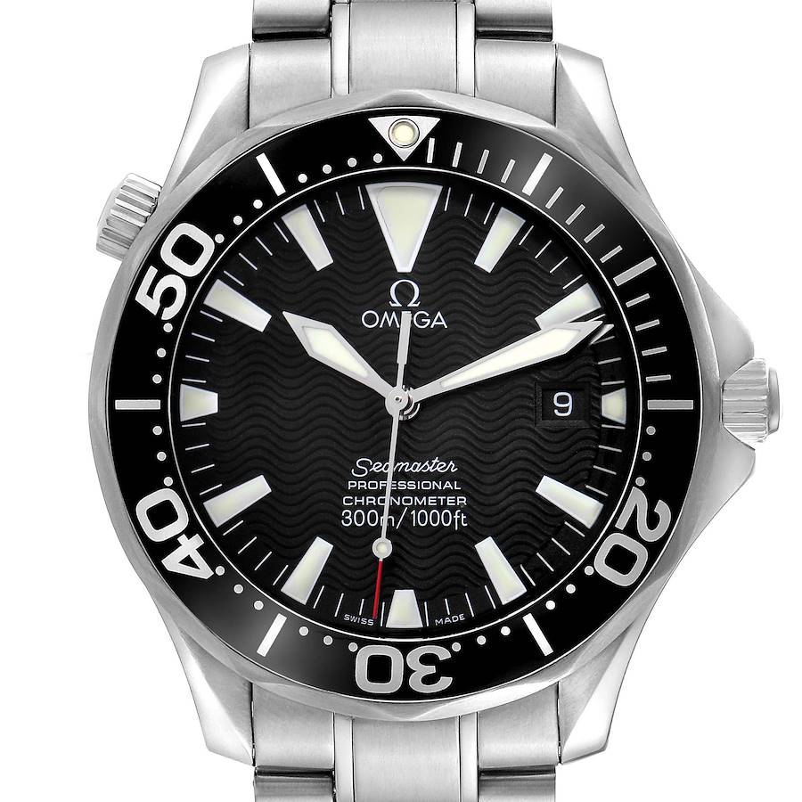 The Omega Seamaster model 2254.50.00 is shown from a top view, highlighting its black bezel, wave-pattern dial, and stainless steel bracelet.