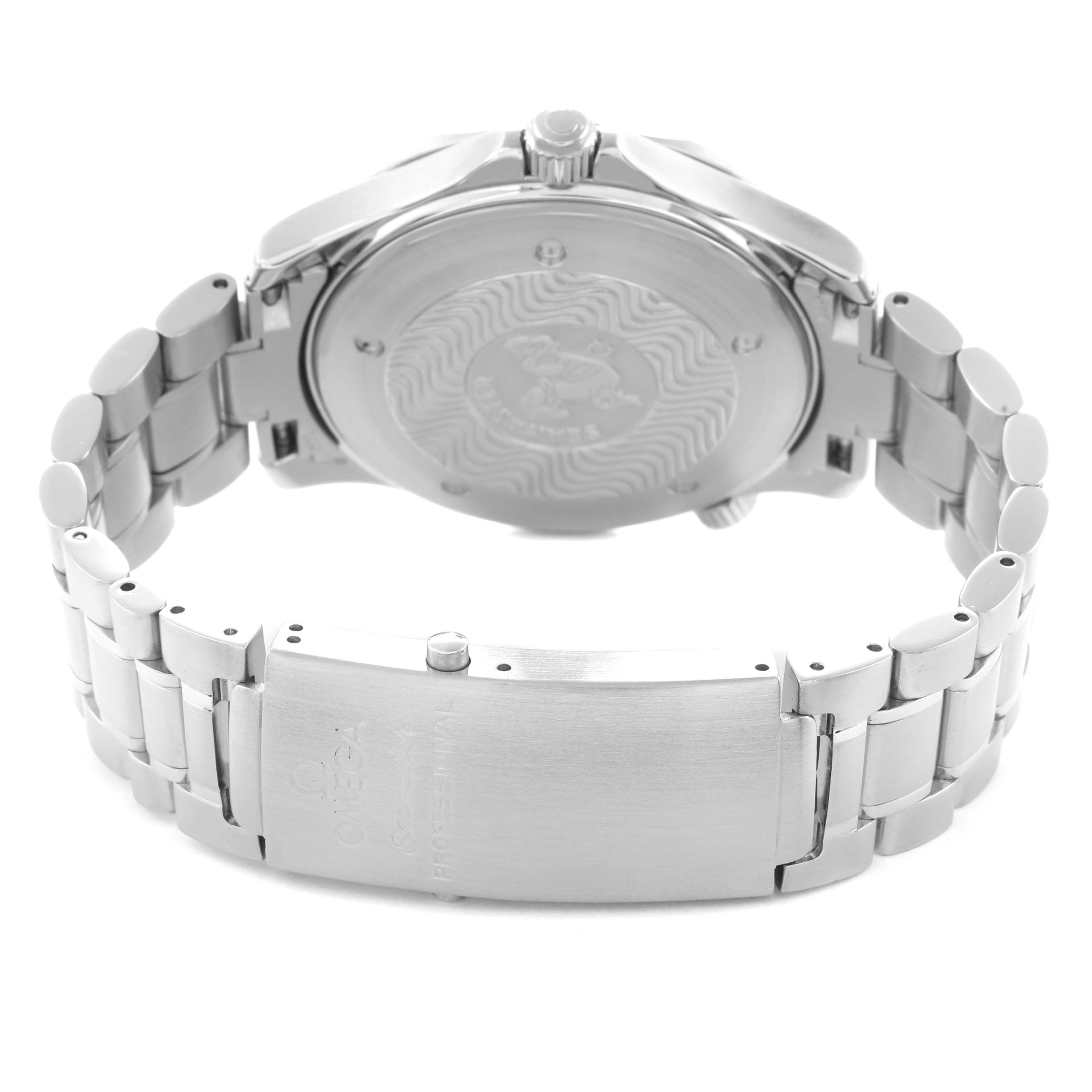 The Omega Seamaster model 2254.50.00 is shown from the back and side, highlighting the case back, crown, and the bracelet with its clasp.