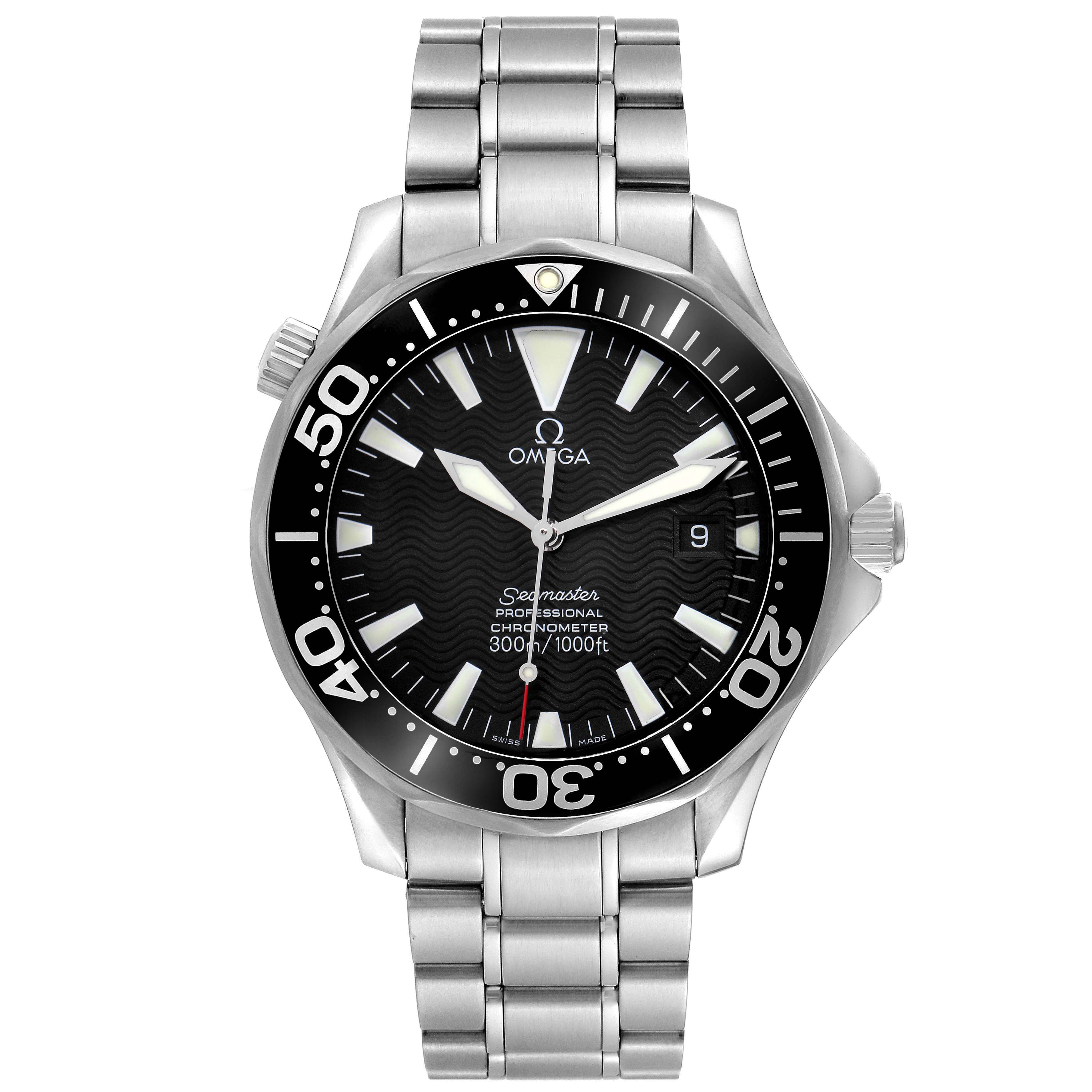 The Omega Seamaster model 2254.50.00 is shown from the front, highlighting the dial, bezel, hands, markers, and stainless steel bracelet.