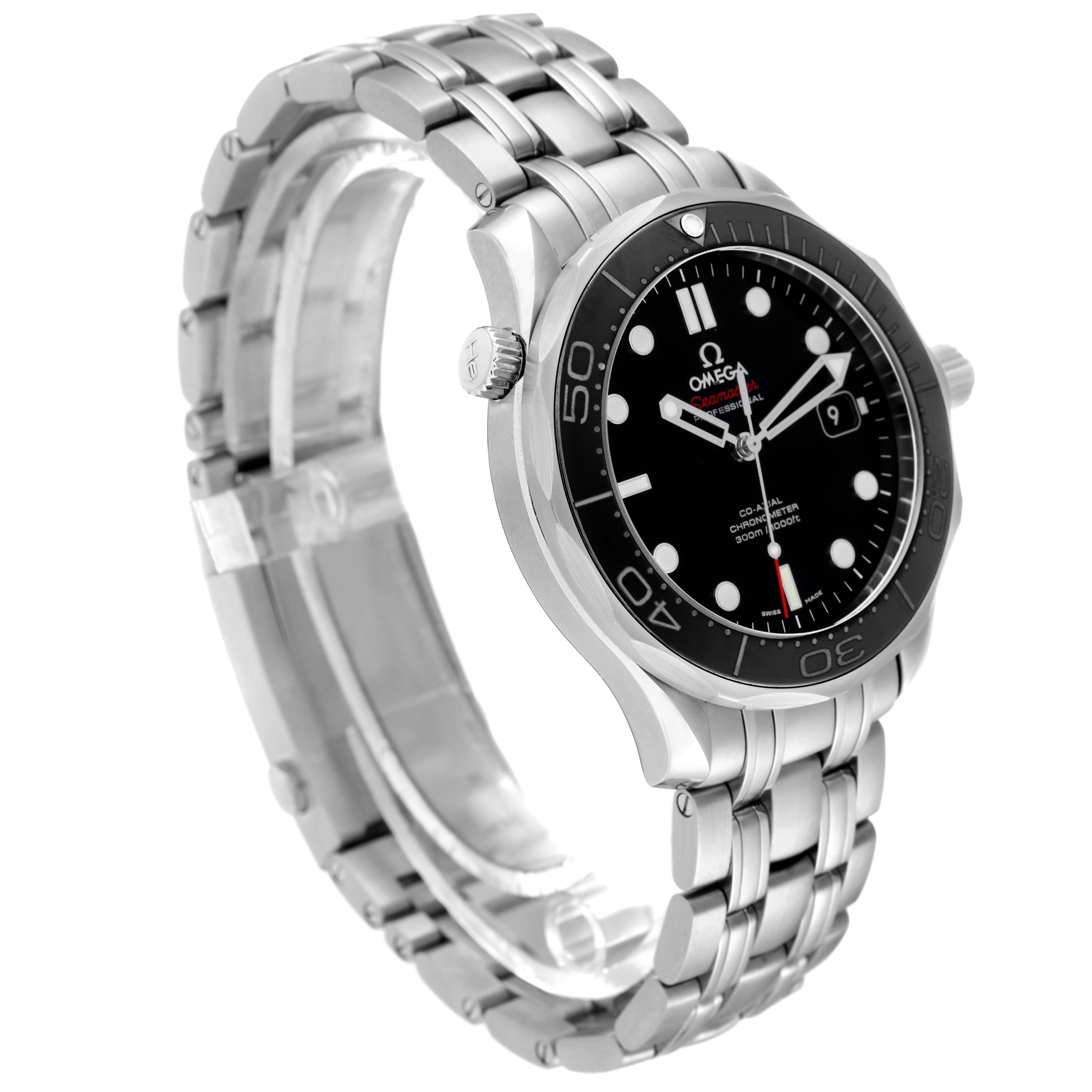 This image shows the Omega Seamaster 212.30.41.20.01.003 Men's Stainless Steel Black Dial 212.30.41.20.01.003 Men's Stainless Steel Black Dial watch at a slight angle, displaying its face, bezel, bracelet, and crown.