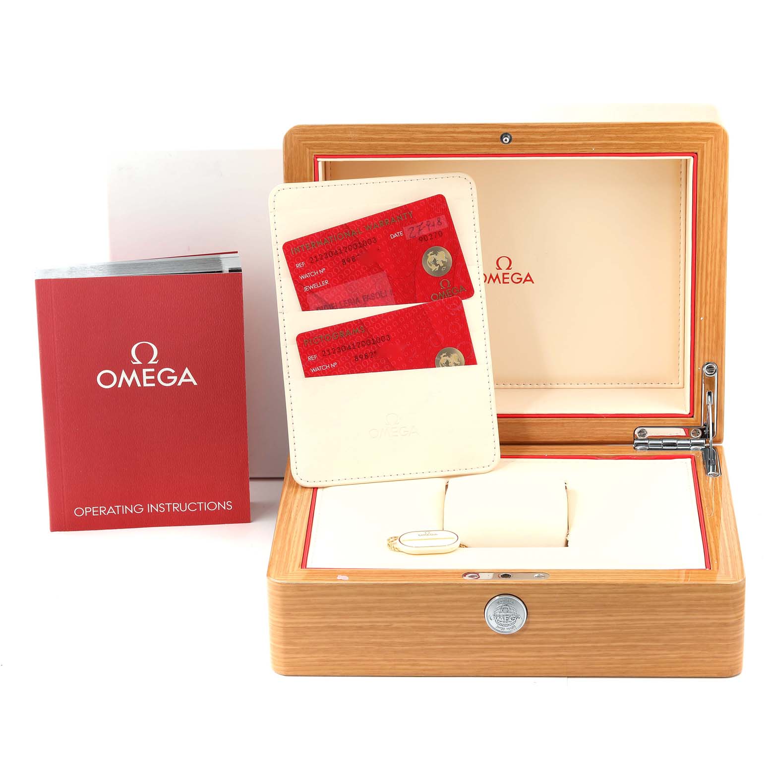 The image shows an Omega Seamaster 212.30.41.20.01.003 Men's Stainless Steel Black Dial 212.30.41.20.01.003 Men's Stainless Steel Black Dial watch box, warranty cards, and operating instructions.