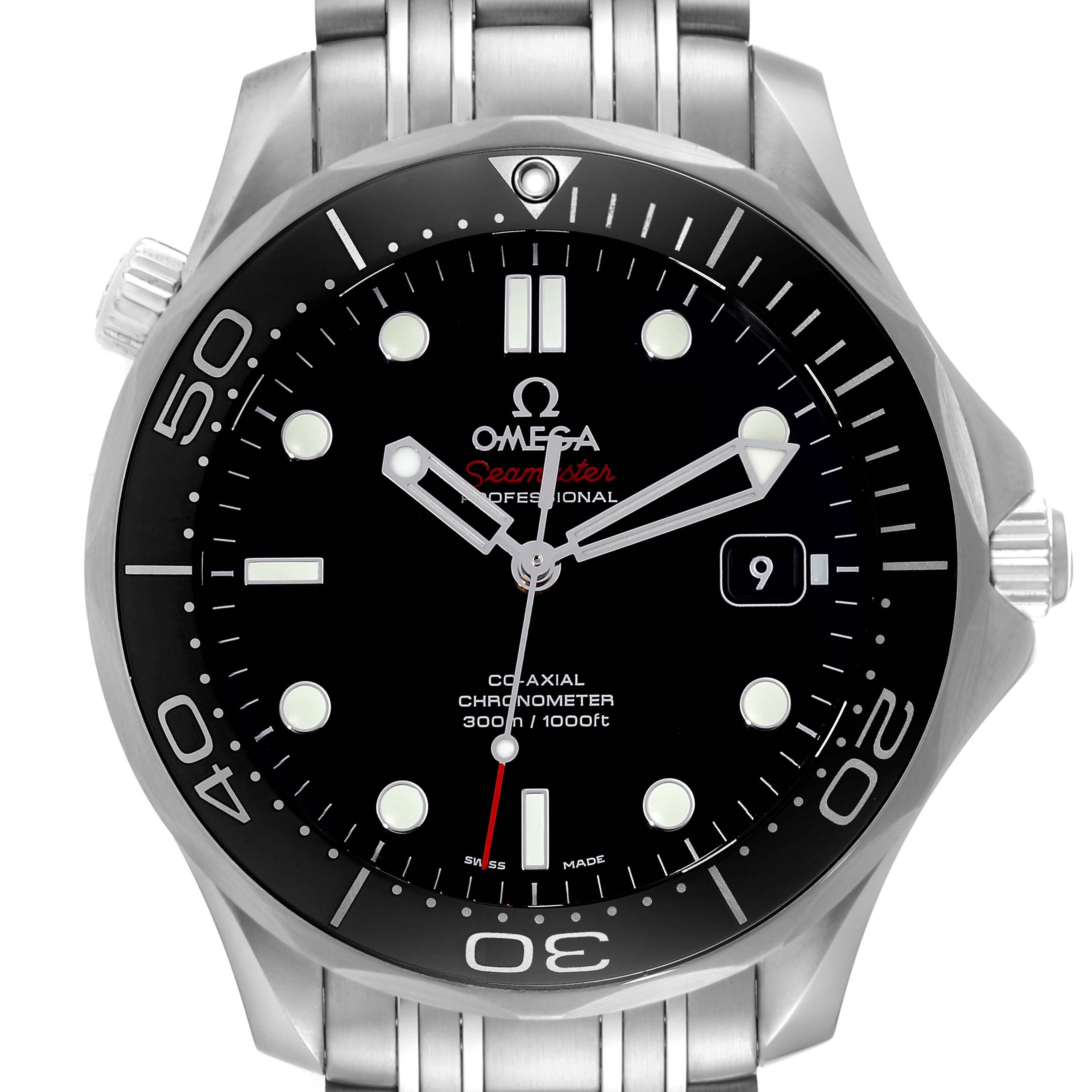 The image shows the dial and bezel of the Omega Seamaster 212.30.41.20.01.003 Men's Stainless Steel Black Dial 212.30.41.20.01.003 Men's Stainless Steel Black Dial watch from a front-facing angle.