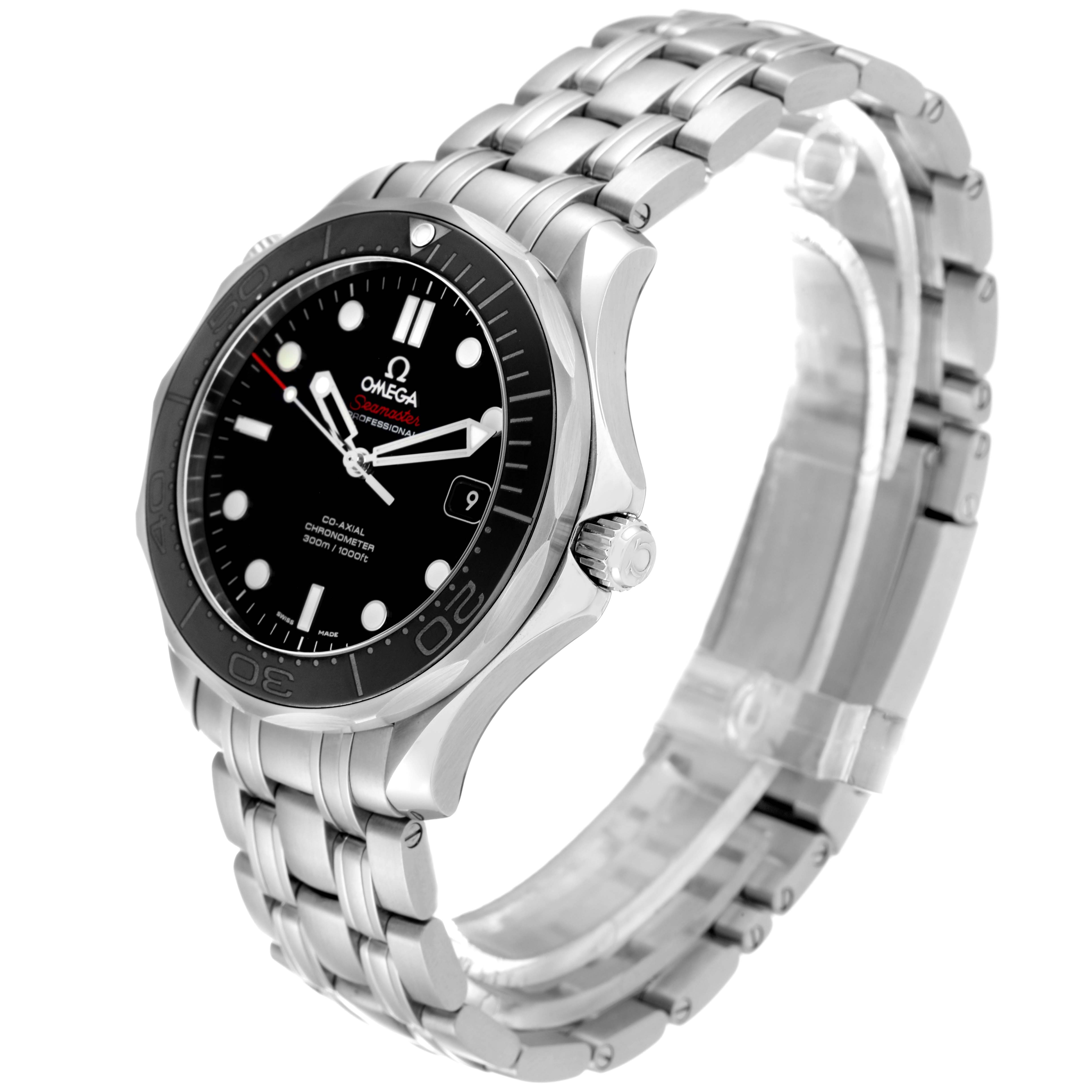 The image shows an Omega Seamaster 212.30.41.20.01.003 Men's Stainless Steel Black Dial 212.30.41.20.01.003 Men's Stainless Steel Black Dial watch from a front right angle, displaying its face, bezel, crown, and metal bracelet.