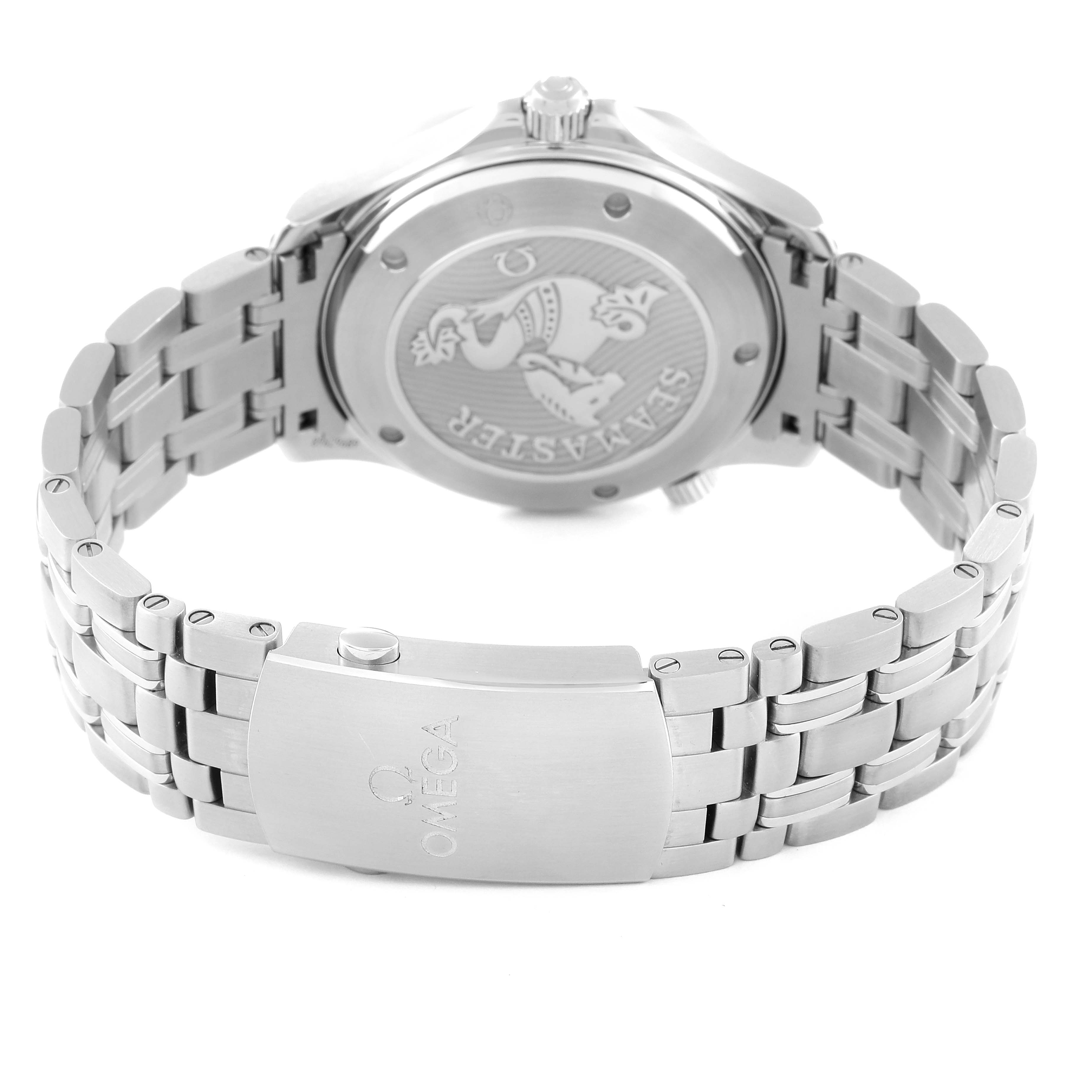 This Omega Seamaster 212.30.41.20.01.003 Men's Stainless Steel Black Dial 212.30.41.20.01.003 Men's Stainless Steel Black Dial watch is shown from the back, highlighting the engraved case back and the metal bracelet with the clasp open.