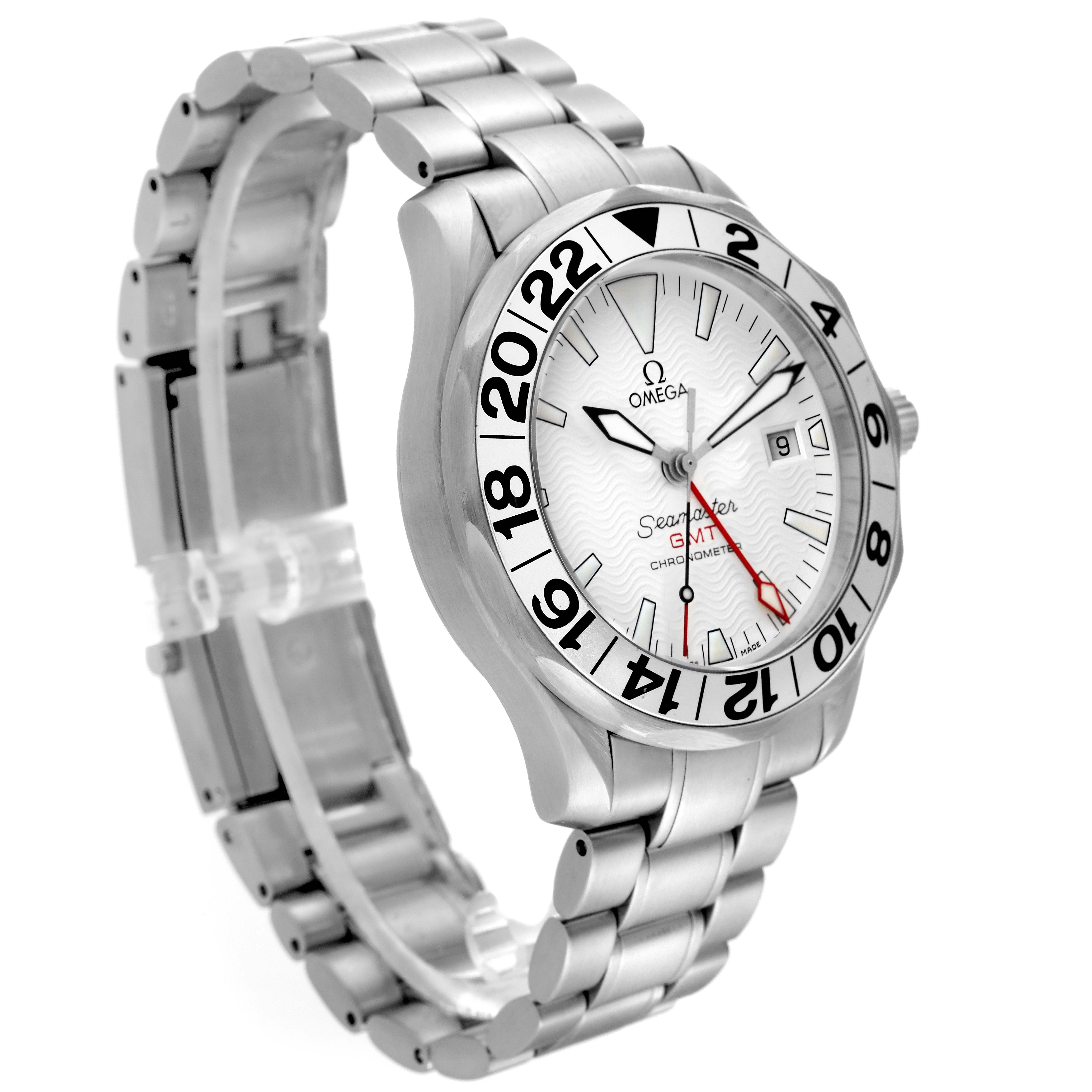 The Omega Seamaster 2538.20.00 Men
s Stainless Steel White Dial 2538.20.00 Men
s Stainless Steel White Dial watch is shown from a three-quarter angle, highlighting the dial, bezel, and metal bracelet.