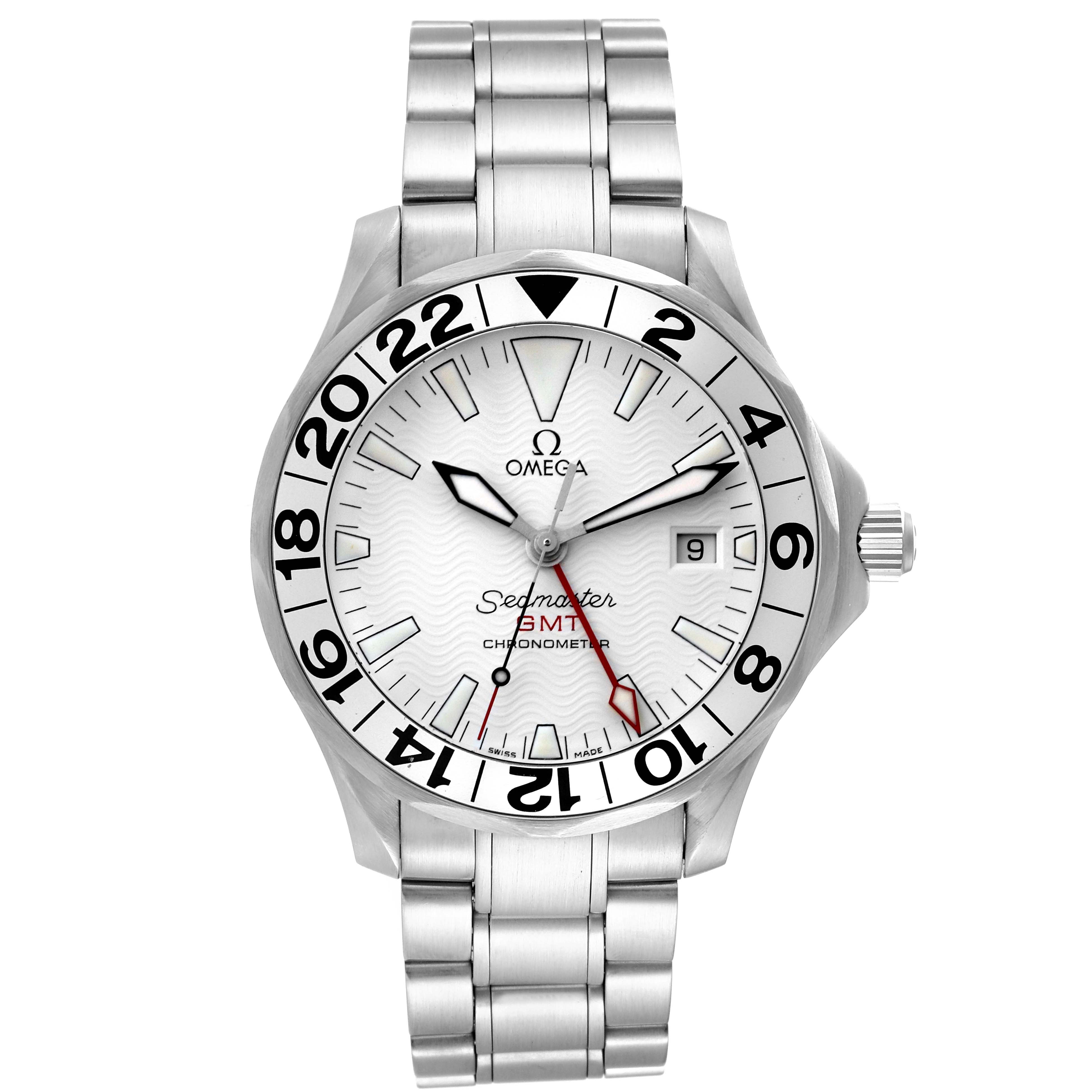 The image shows a front view of an Omega Seamaster 2538.20.00 Men
s Stainless Steel White Dial 2538.20.00 Men
s Stainless Steel White Dial GMT Chronometer watch, highlighting the dial, bezel, bracelet, and crown.