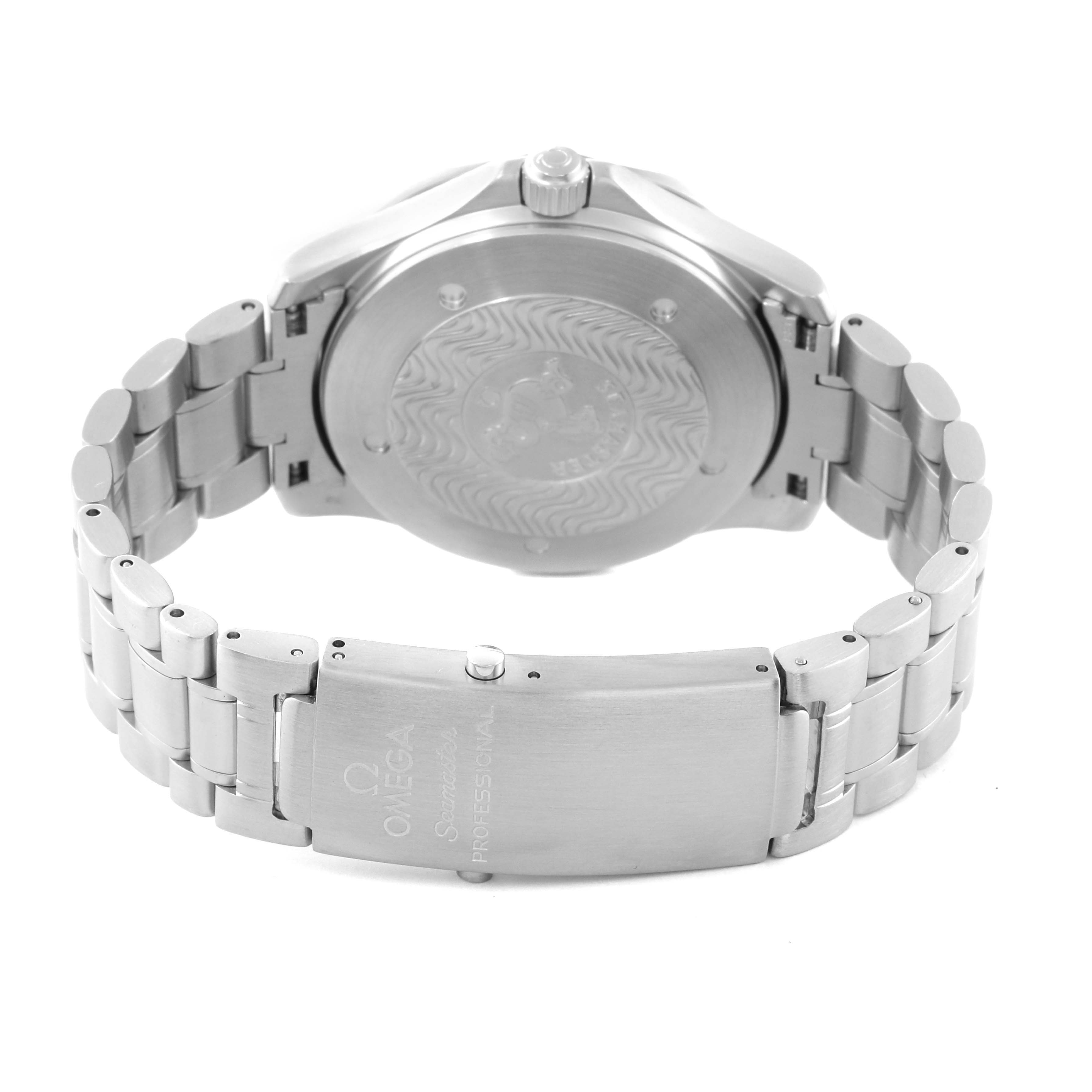 The image shows the back case, crown, and metal bracelet clasp of an Omega Seamaster 2538.20.00 Men
s Stainless Steel White Dial 2538.20.00 Men
s Stainless Steel White Dial watch.