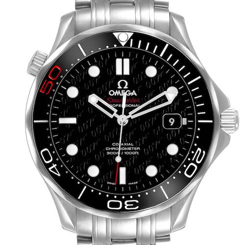 The Omega Seamaster 212.30.41.20.01.005 Men's Stainless Steel Black Dial watch is shown from the front, displaying its black dial, bezel, and stainless steel bracelet.