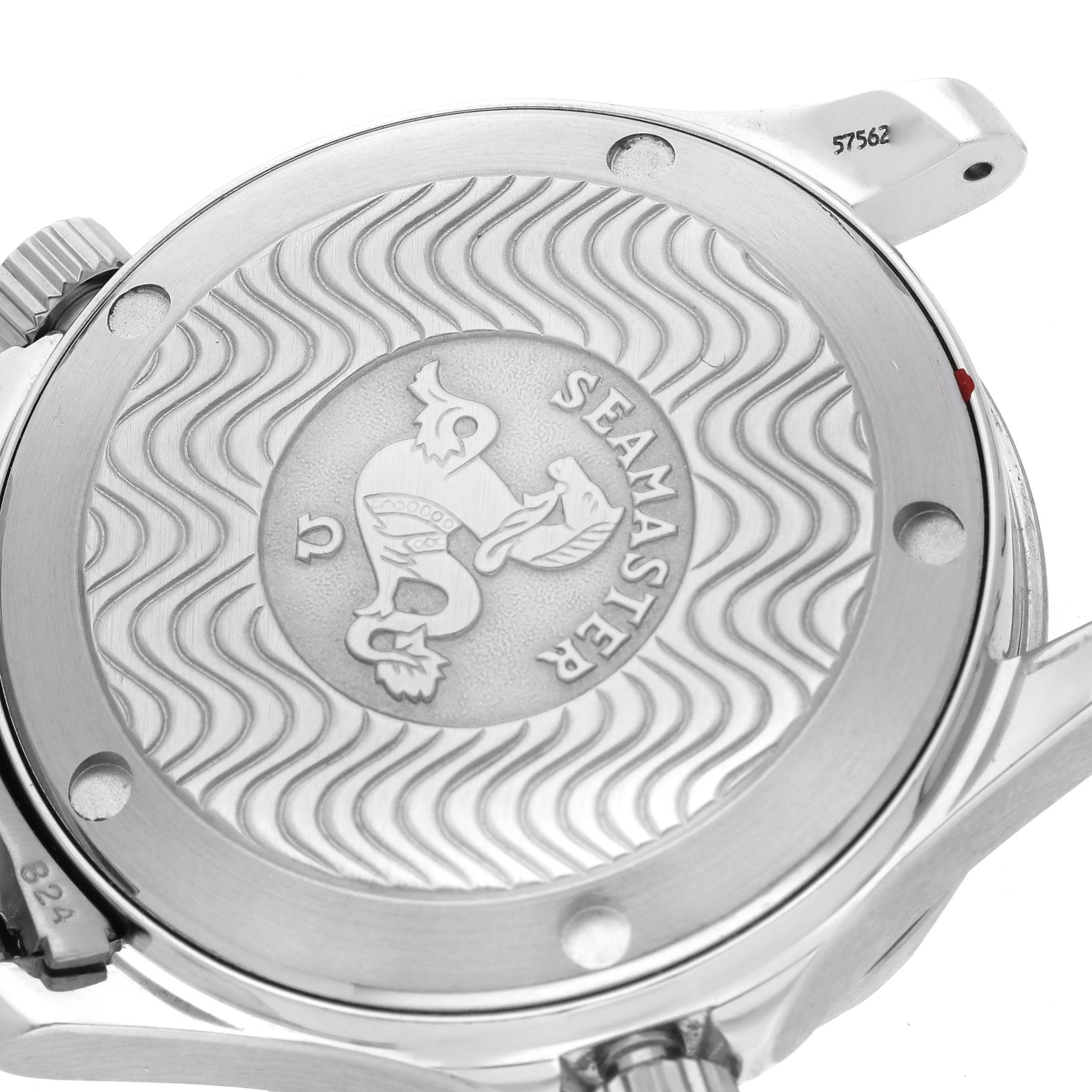 The image shows the back case of an Omega Seamaster 2561.80.00 Men
s Stainless Steel Blue Dial 2561.80.00 Men
s Stainless Steel Blue Dial watch, featuring the engraved logo and model name.