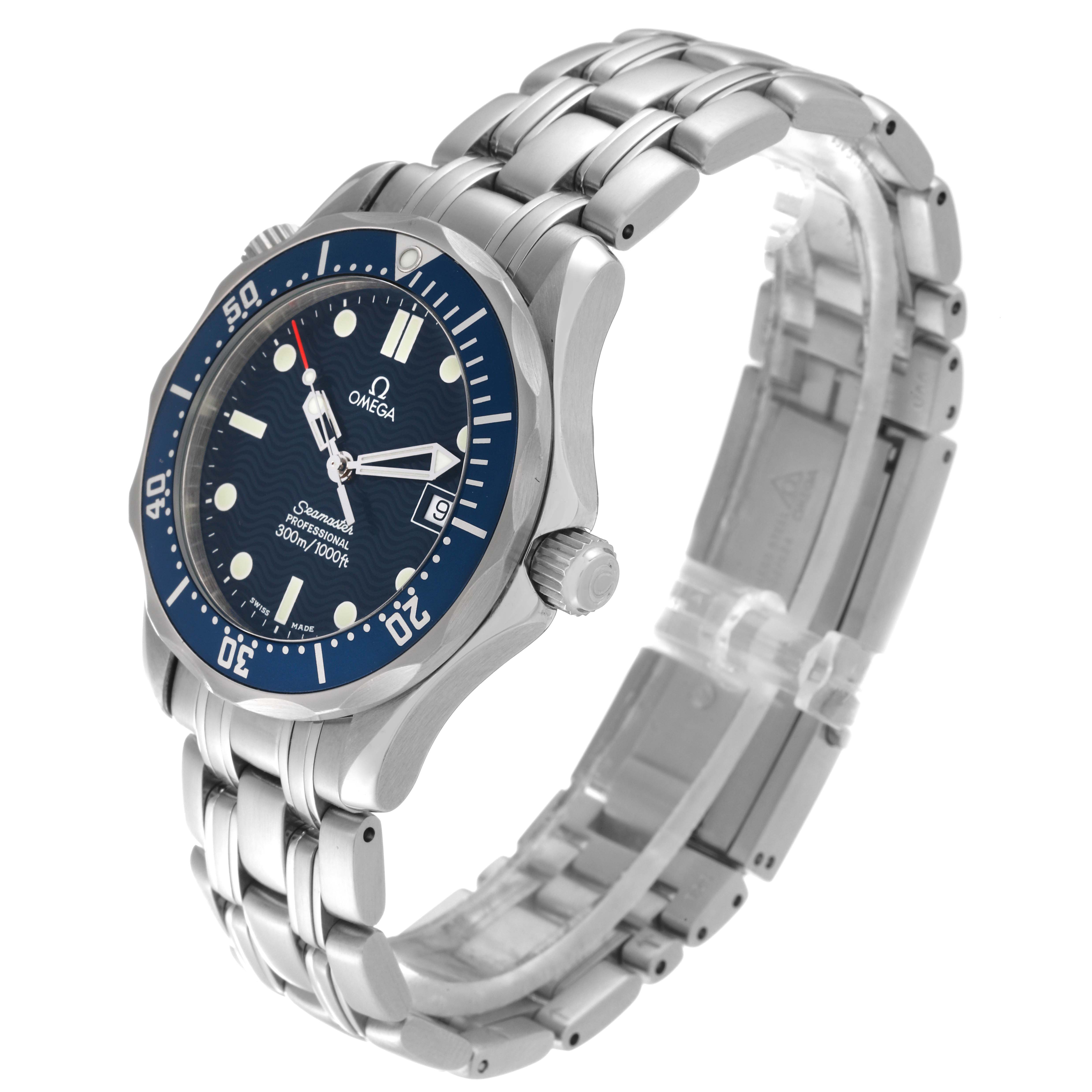 The Omega Seamaster 2561.80.00 Men
s Stainless Steel Blue Dial 2561.80.00 Men
s Stainless Steel Blue Dial watch is shown at a 45-degree angle, displaying the face, bezel, bracelet, and crown.