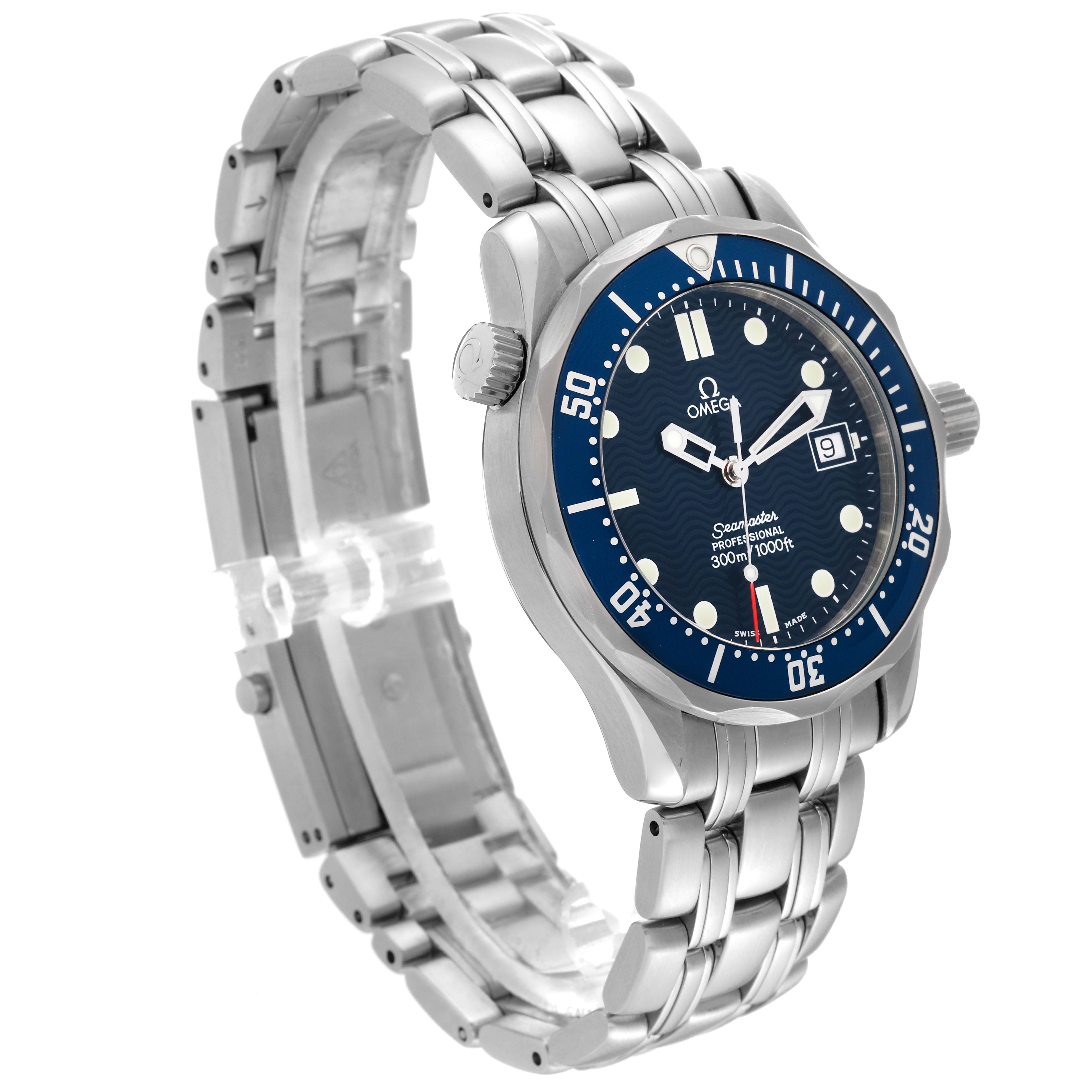 This Omega Seamaster 2561.80.00 Men
s Stainless Steel Blue Dial 2561.80.00 Men
s Stainless Steel Blue Dial watch is shown from a left-side angle, featuring its stainless steel bracelet and blue dial with date display.
