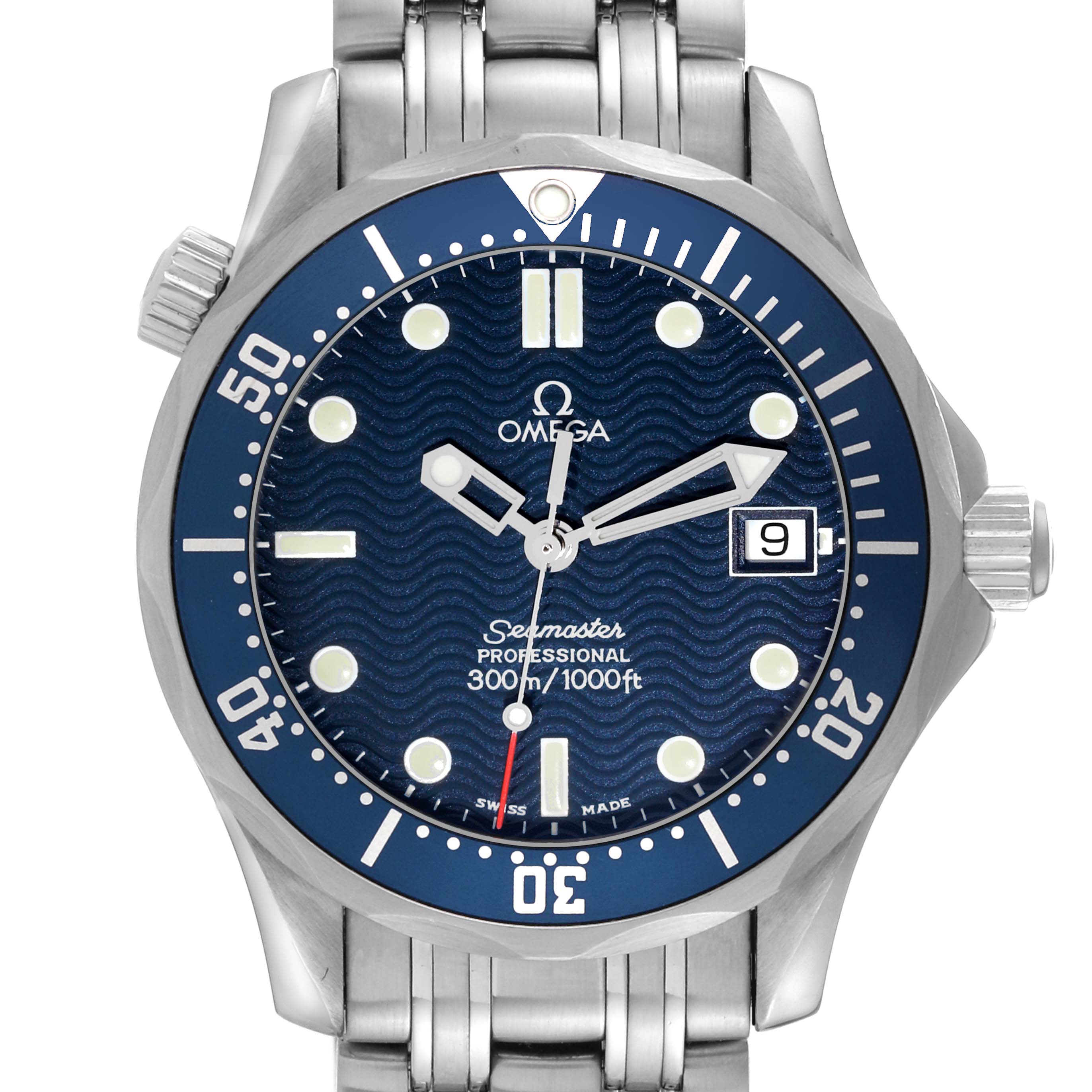 The Omega Seamaster 2561.80.00 Men
s Stainless Steel Blue Dial 2561.80.00 Men
s Stainless Steel Blue Dial watch is shown from the front, displaying its blue dial, stainless steel bracelet, and bezel.