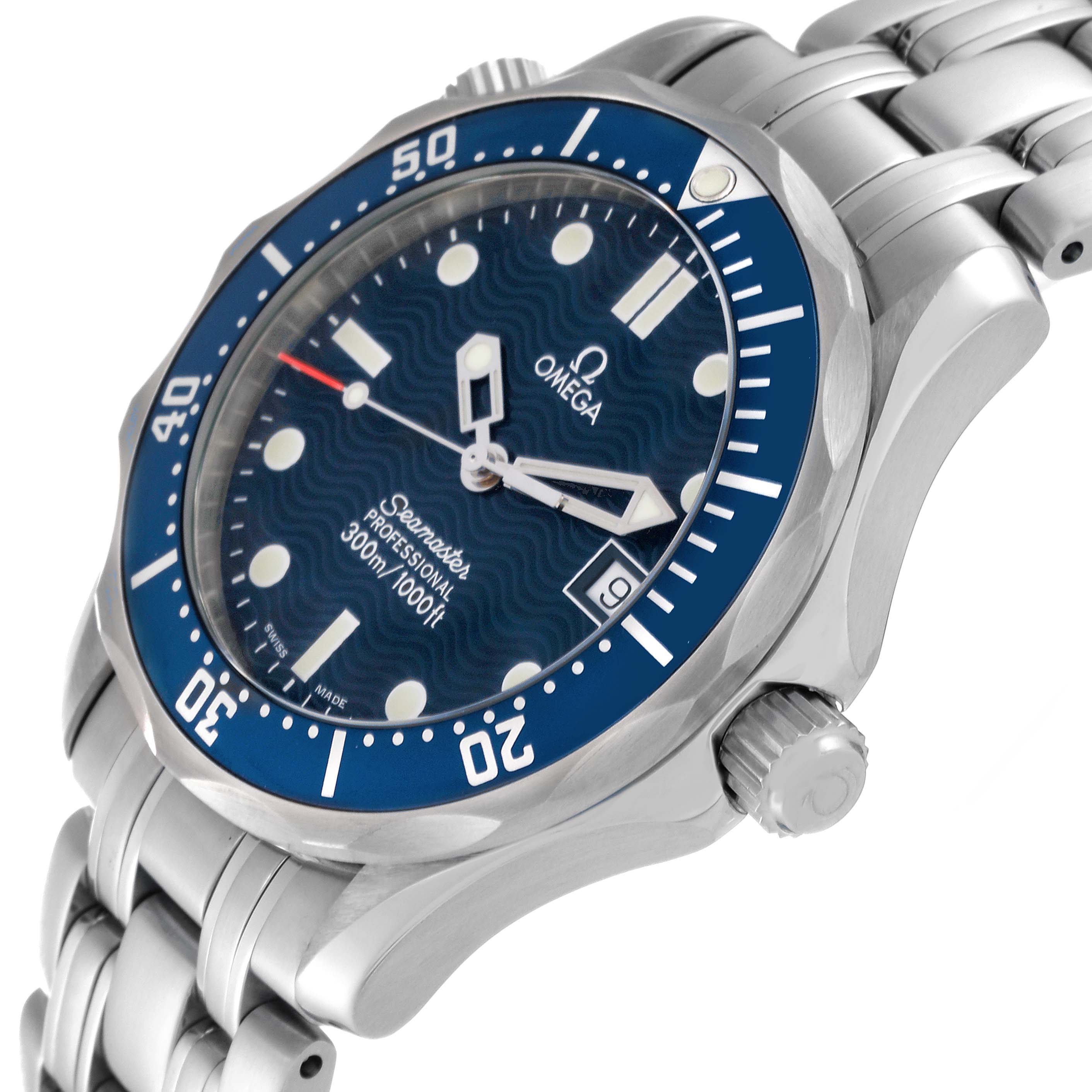 The Omega Seamaster 2561.80.00 Men
s Stainless Steel Blue Dial 2561.80.00 Men
s Stainless Steel Blue Dial watch is shown at a slight angle, highlighting the blue dial, bezel, crown, and metal bracelet.