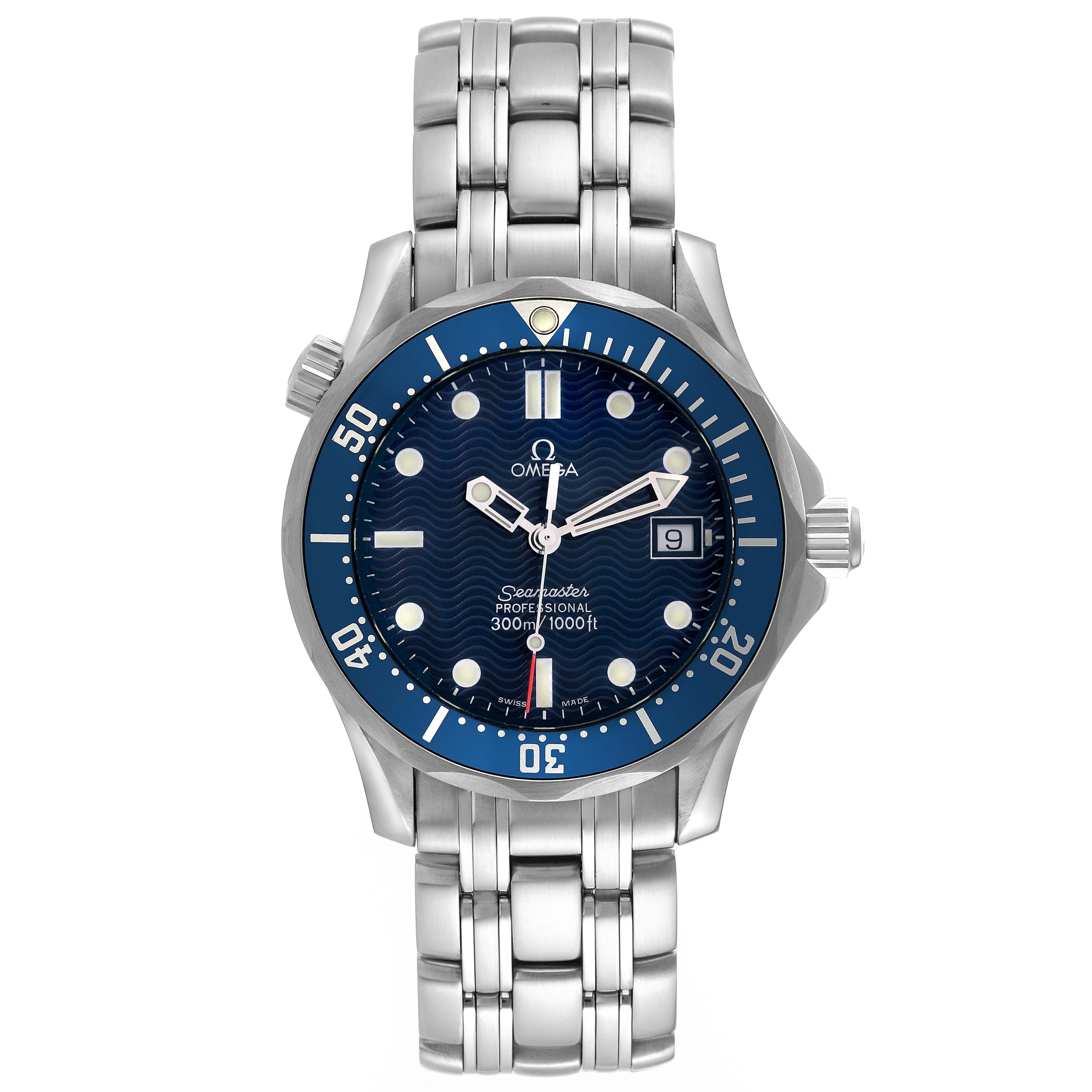 The image shows a front view of the Omega Seamaster 2561.80.00 Men
s Stainless Steel Blue Dial 2561.80.00 Men
s Stainless Steel Blue Dial watch, highlighting its blue dial, bezel, and stainless steel bracelet.