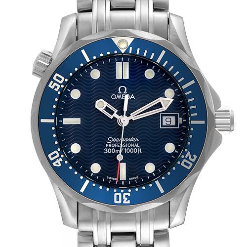 The image shows the front view of an Omega Seamaster Professional watch, highlighting its face, bezel, and part of the bracelet.