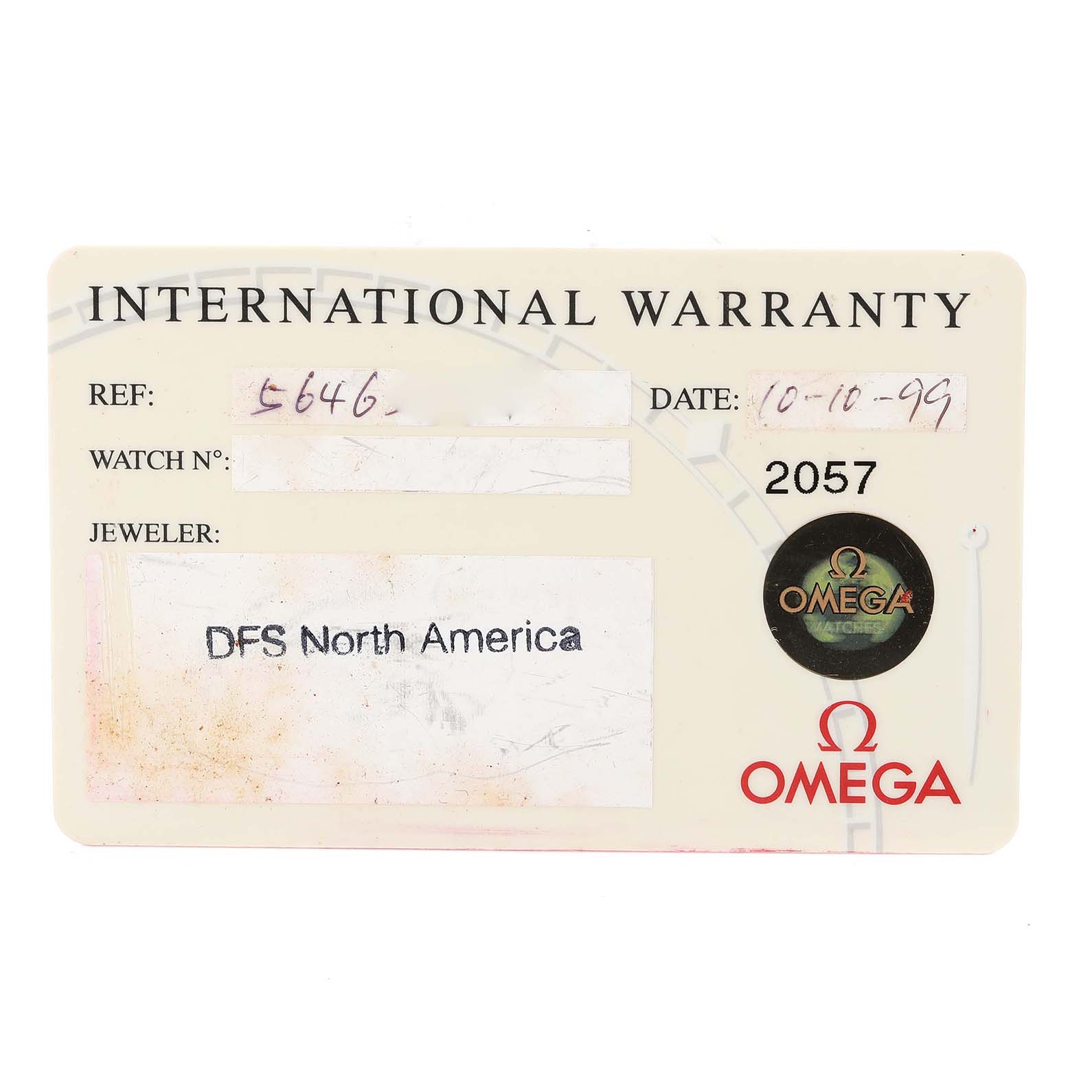 This image shows the international warranty card for the Omega Seamaster 2561.80.00 Men
s Stainless Steel Blue Dial 2561.80.00 Men
s Stainless Steel Blue Dial model watch.