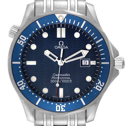 The image shows a front view of an Omega Seamaster Professional watch, highlighting its dial, bezel, hands, and bracelet top.