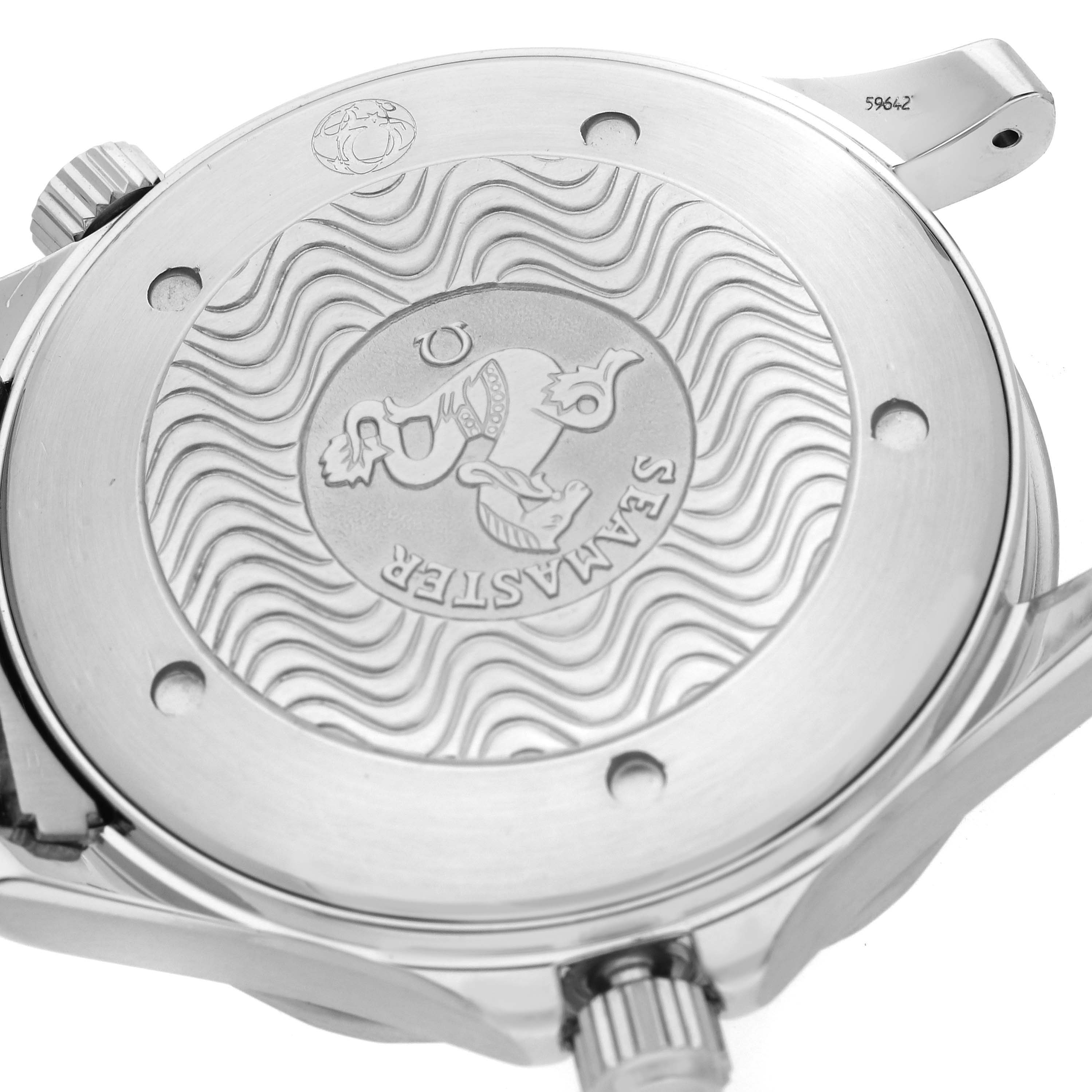 The image shows the case back of an Omega Seamaster 63602 Men
s Stainless Steel Blue Dial 63602 Men
s Stainless Steel Blue Dial watch, featuring engravings and the Omega logo.