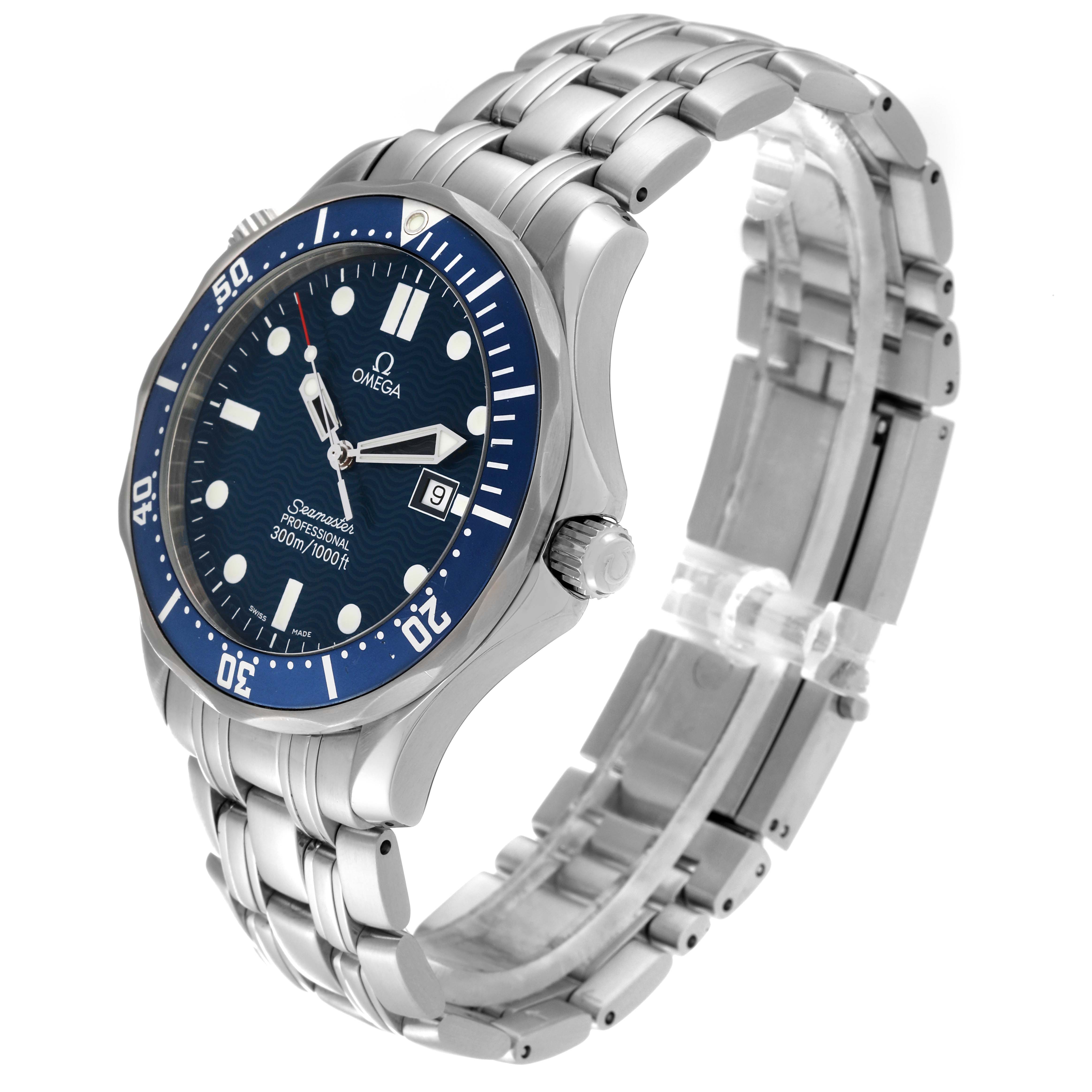 The image shows a side angle view of the Omega Seamaster 63602 Men
s Stainless Steel Blue Dial 63602 Men
s Stainless Steel Blue Dial watch, focusing on the face, bezel, crown, and stainless steel bracelet.
