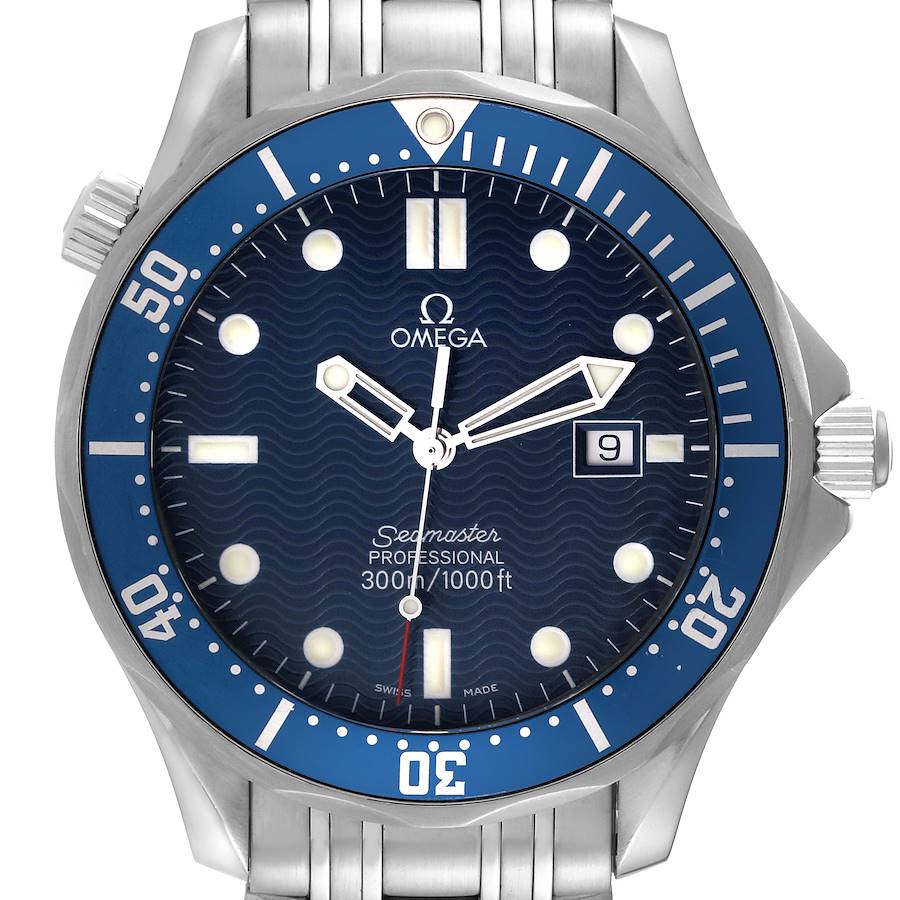 This image shows a front view of the Omega Seamaster watch, highlighting the dial, hands, date window, and bezel.