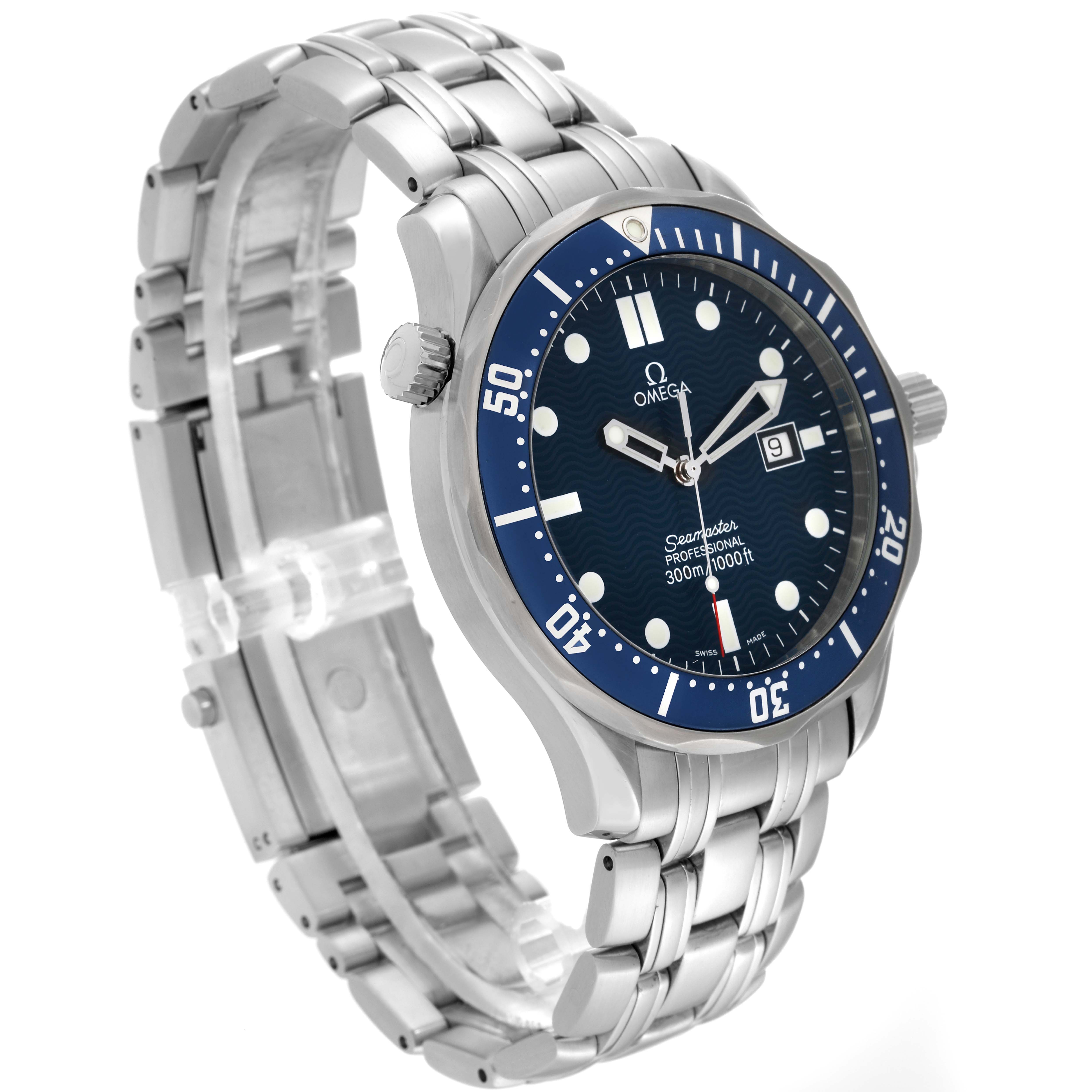 The image shows an Omega Seamaster 63602 Men
s Stainless Steel Blue Dial 63602 Men
s Stainless Steel Blue Dial watch at a right-side angle, highlighting its bracelet, bezel, and dial.
