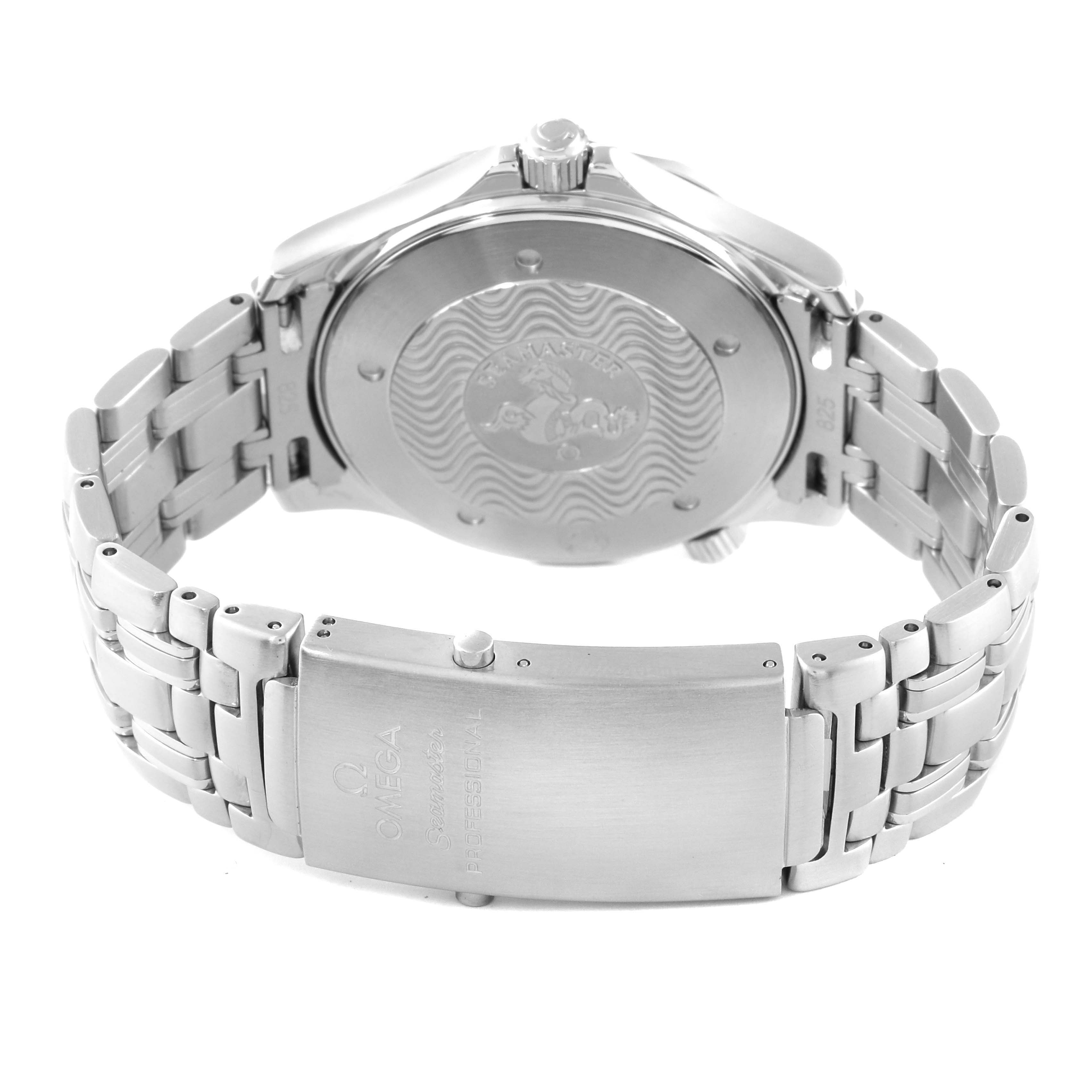 The image shows the backside and metal bracelet of the Omega Seamaster 63602 Men
s Stainless Steel Blue Dial 63602 Men
s Stainless Steel Blue Dial watch, including the clasp and case back.