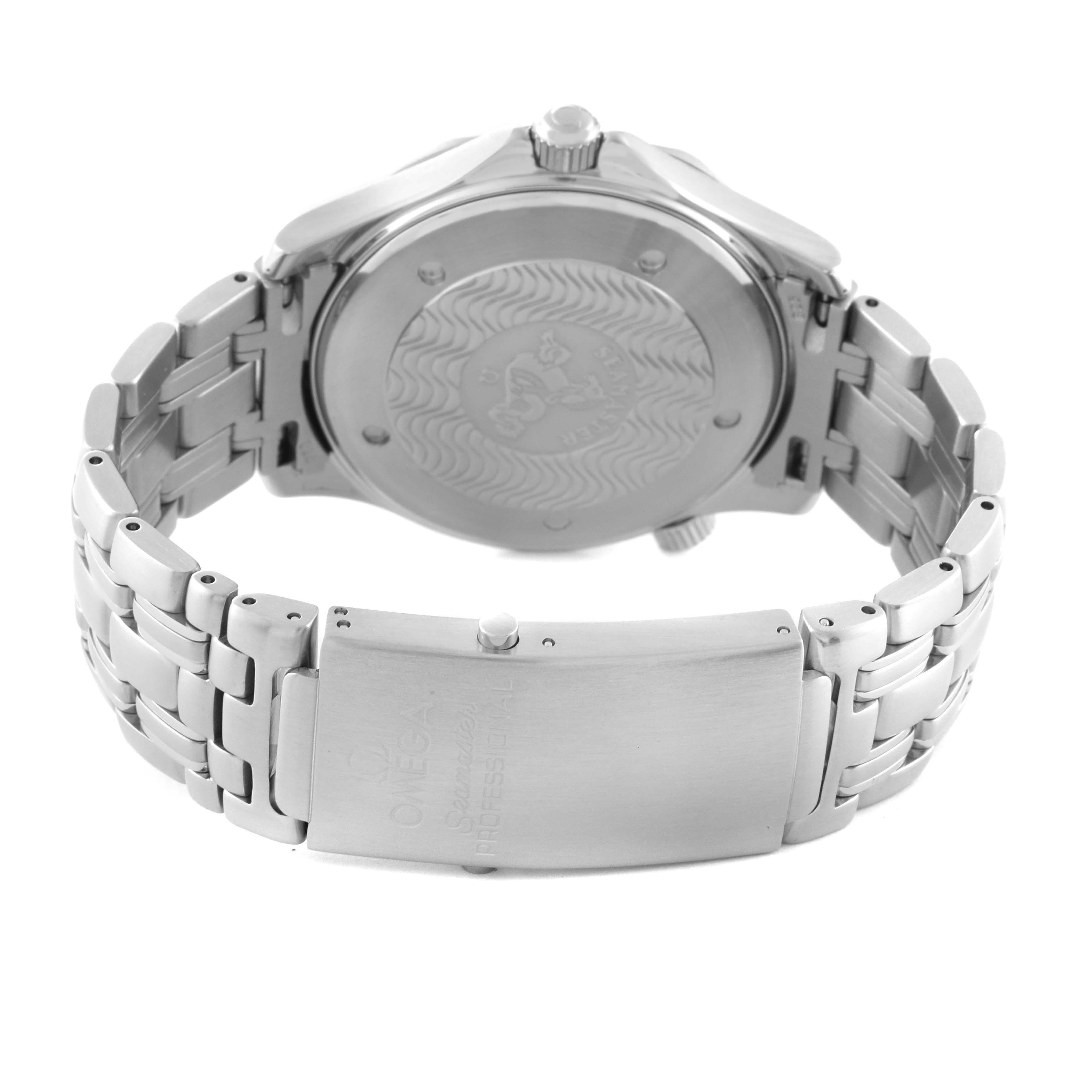 This image shows the back case and bracelet clasp of the Omega Seamaster 2541.80.00 Men
s Stainless Steel Blue Dial 2541.80.00 Men
s Stainless Steel Blue Dial watch from a slightly angled rear view.