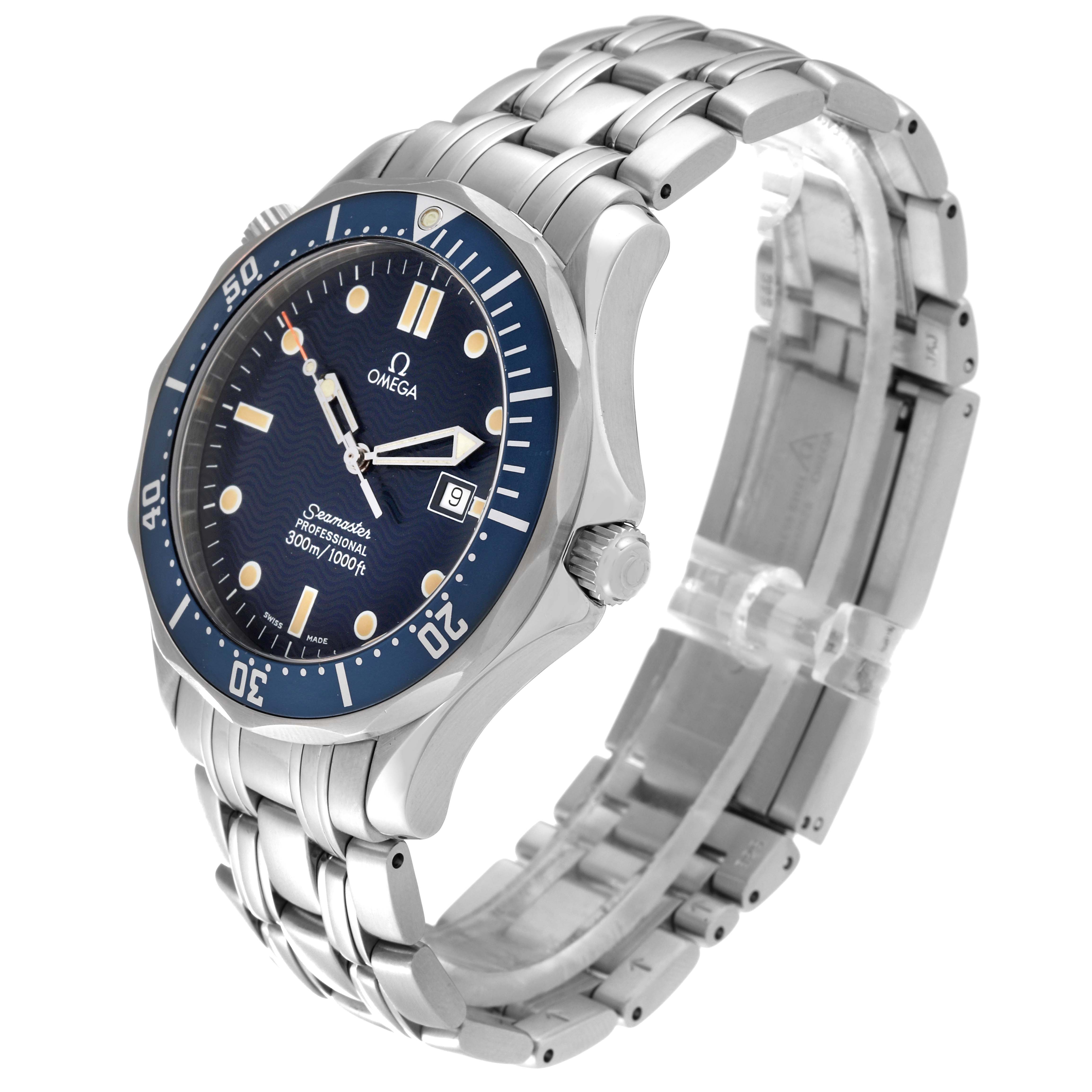 The Omega Seamaster 2541.80.00 Men
s Stainless Steel Blue Dial 2541.80.00 Men
s Stainless Steel Blue Dial watch is shown at an angle highlighting its face, bezel, and metal bracelet.