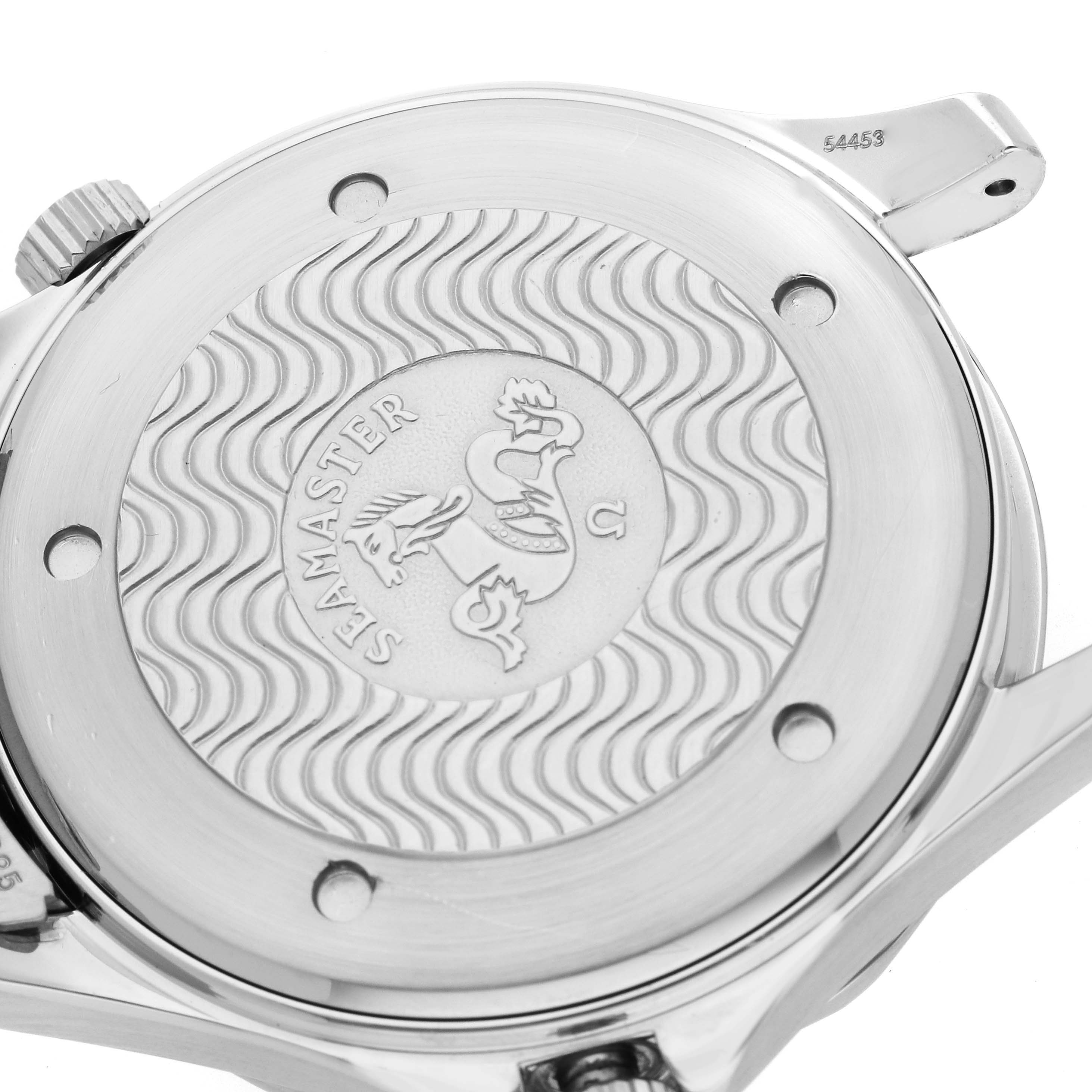 The image shows the back case of an Omega Seamaster 2541.80.00 Men
s Stainless Steel Blue Dial 2541.80.00 Men
s Stainless Steel Blue Dial watch from a close-up angle.