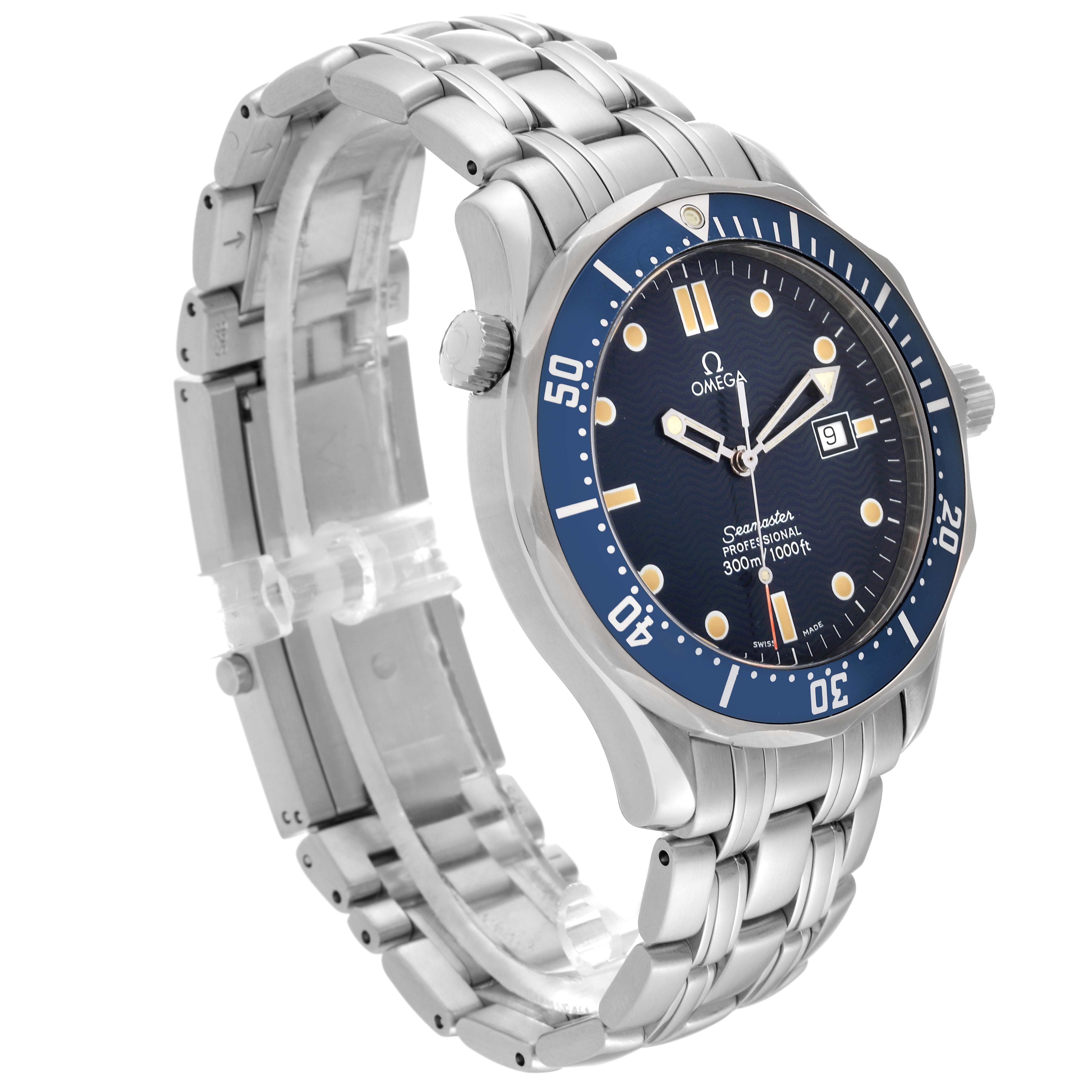 The Omega Seamaster 2541.80.00 Men
s Stainless Steel Blue Dial 2541.80.00 Men
s Stainless Steel Blue Dial watch is shown at a three-quarter angle, highlighting the bezel, dial, crown, and metal bracelet.