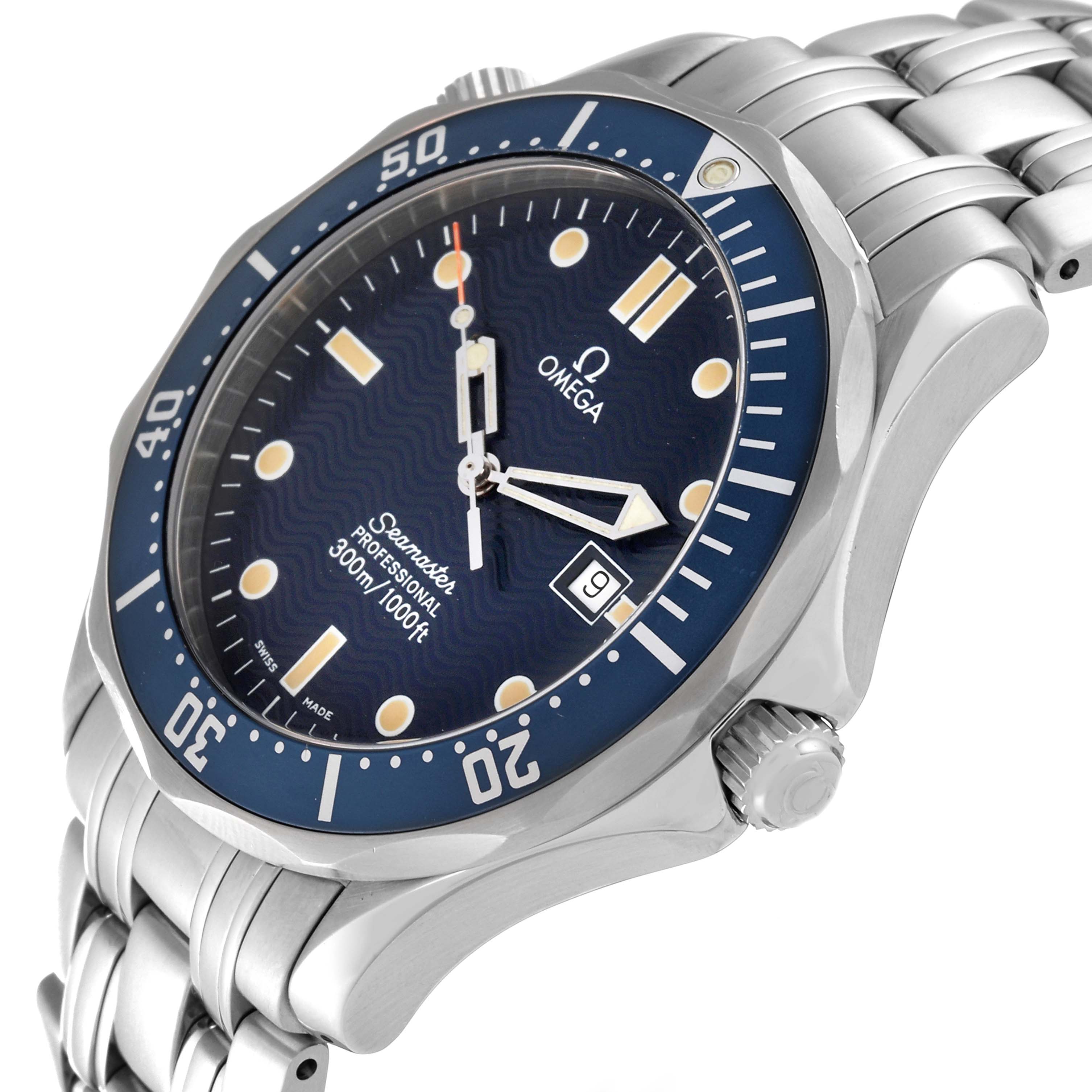 The Omega Seamaster 2541.80.00 Men
s Stainless Steel Blue Dial 2541.80.00 Men
s Stainless Steel Blue Dial model is shown at a slight diagonal angle, highlighting its face, bezel, and metal bracelet.