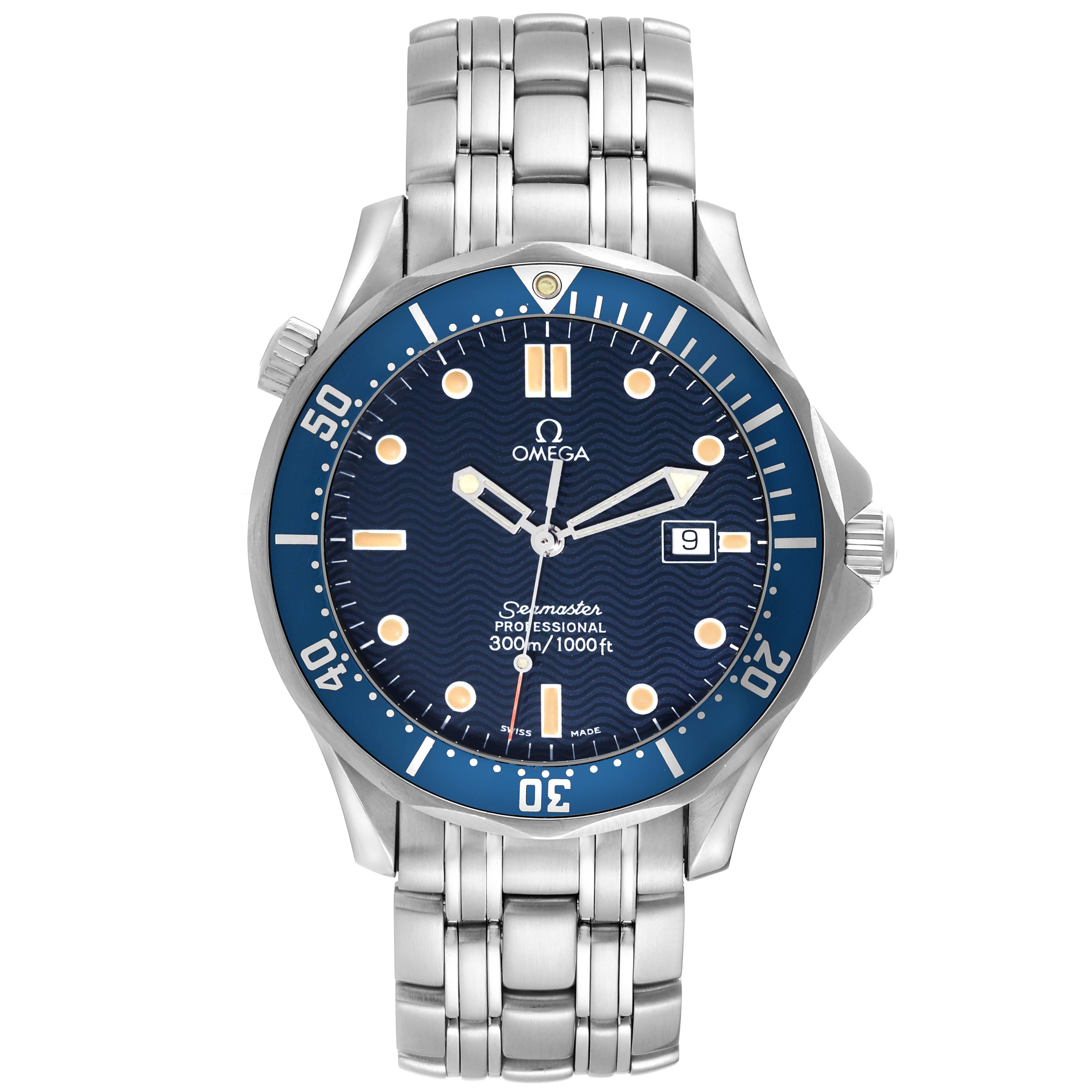 The image shows a front view of an Omega Seamaster 2541.80.00 Men
s Stainless Steel Blue Dial 2541.80.00 Men
s Stainless Steel Blue Dial watch with a stainless steel strap and blue dial.