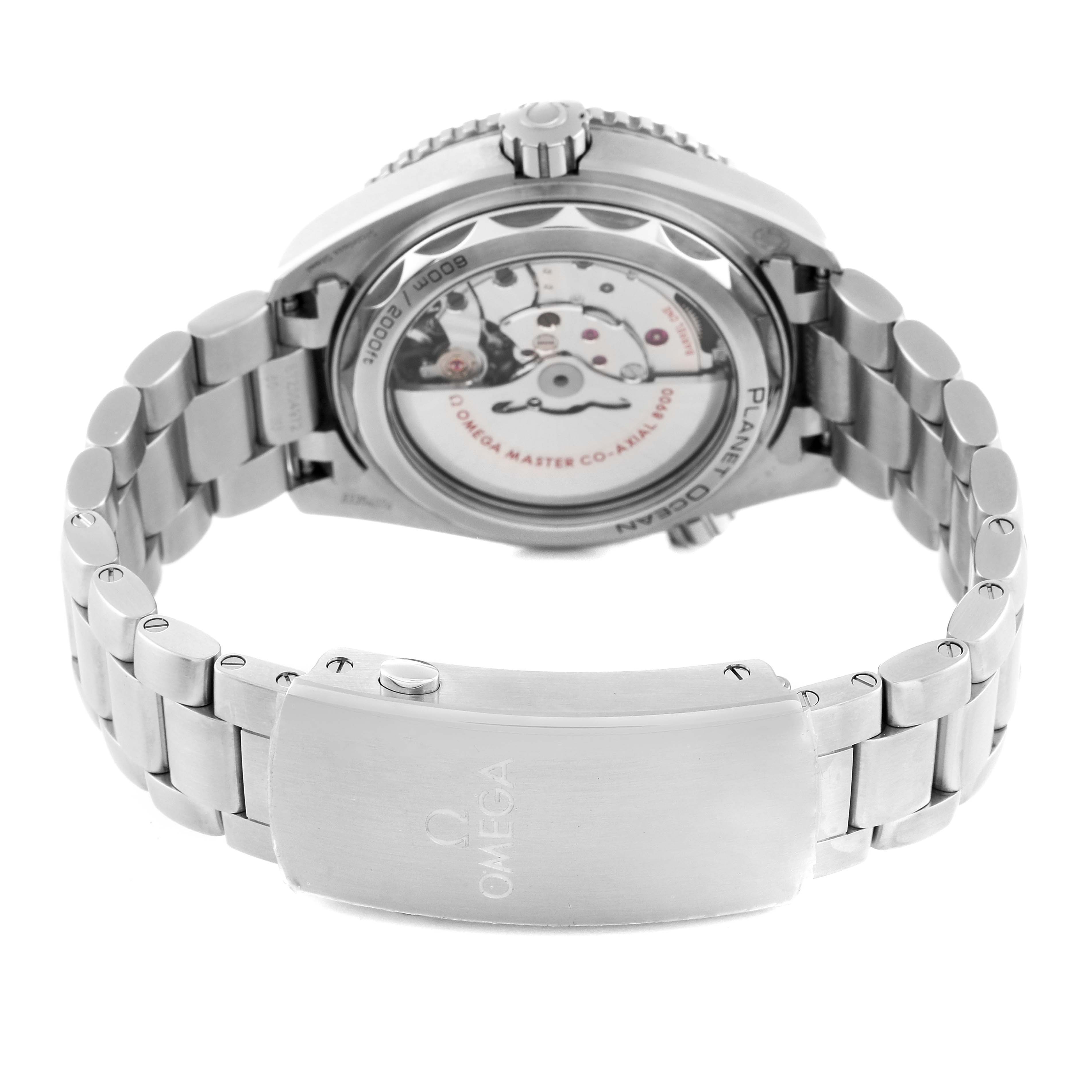 The image displays the backside and open clasp of the Omega Planet Ocean 215.30.44.21.01.001 Men
s Stainless Steel Black Dial 215.30.44.21.01.001 Men
s Stainless Steel Black Dial watch, highlighting the movement and band.