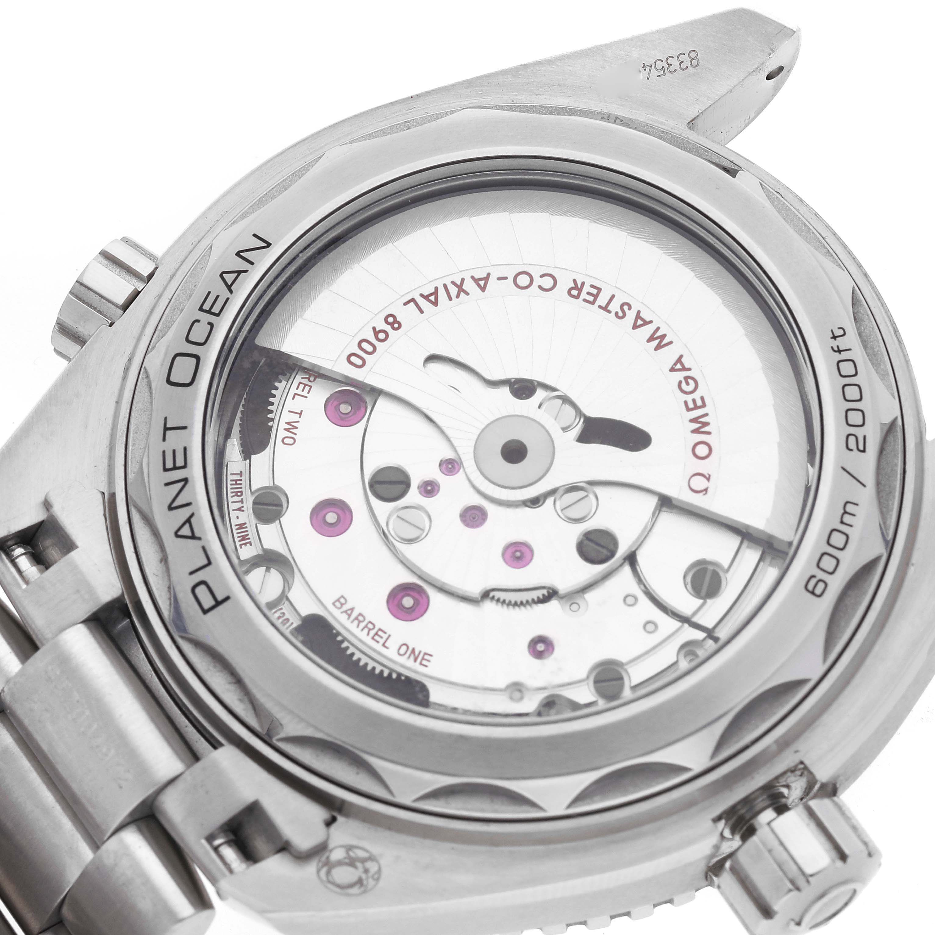 The image displays the back view of an Omega Planet Ocean 215.30.44.21.01.001 Men
s Stainless Steel Black Dial 215.30.44.21.01.001 Men
s Stainless Steel Black Dial watch, showcasing its transparent case back and visible internal movement.