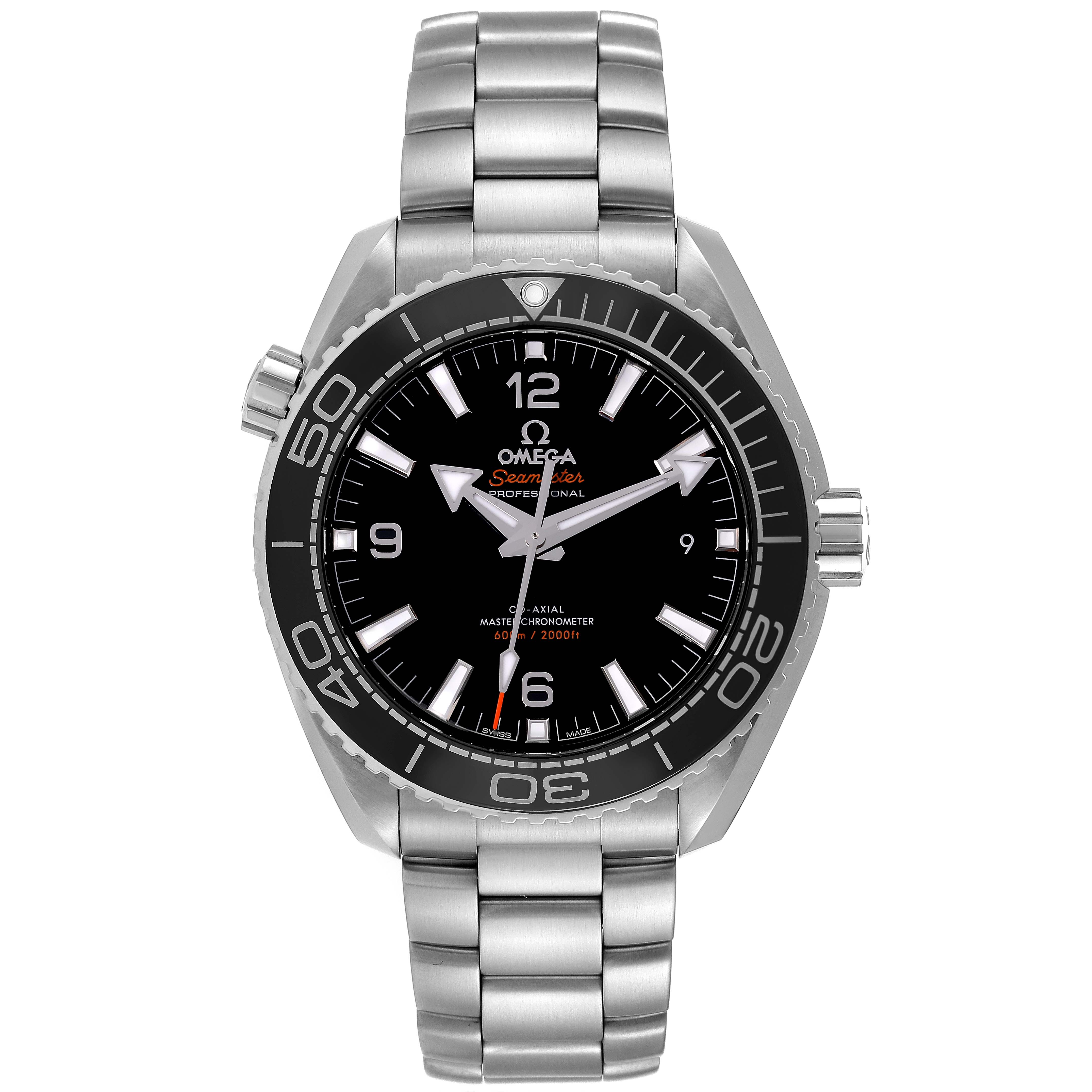 This image shows a front view of the Omega Planet Ocean 215.30.44.21.01.001 Men
s Stainless Steel Black Dial 215.30.44.21.01.001 Men
s Stainless Steel Black Dial watch model, highlighting its face, bezel, crown, and bracelet.