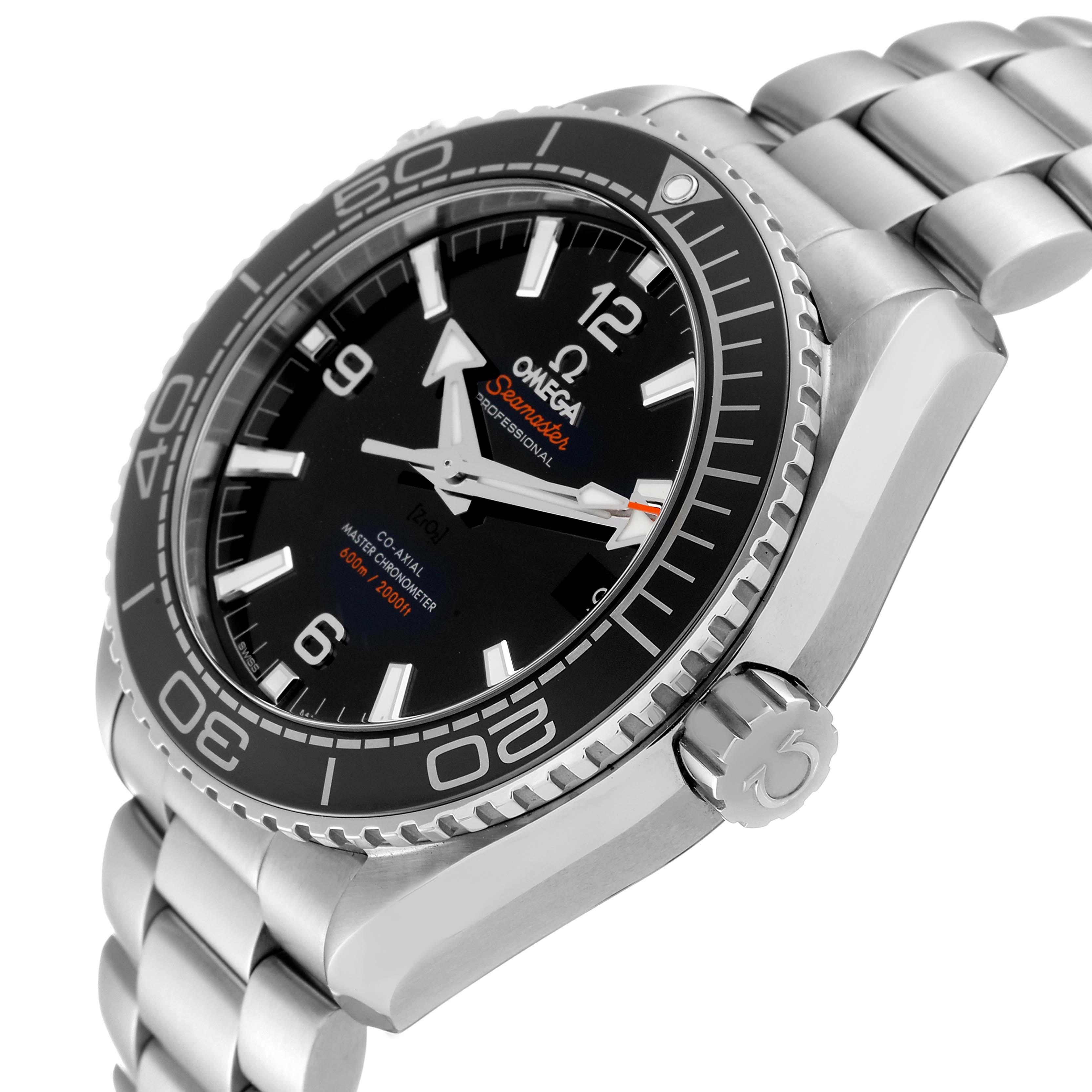 The image shows an angled view of the Omega Planet Ocean 215.30.44.21.01.001 Men
s Stainless Steel Black Dial 215.30.44.21.01.001 Men
s Stainless Steel Black Dial watch, highlighting the bezel, dial, crown, and part of the bracelet.