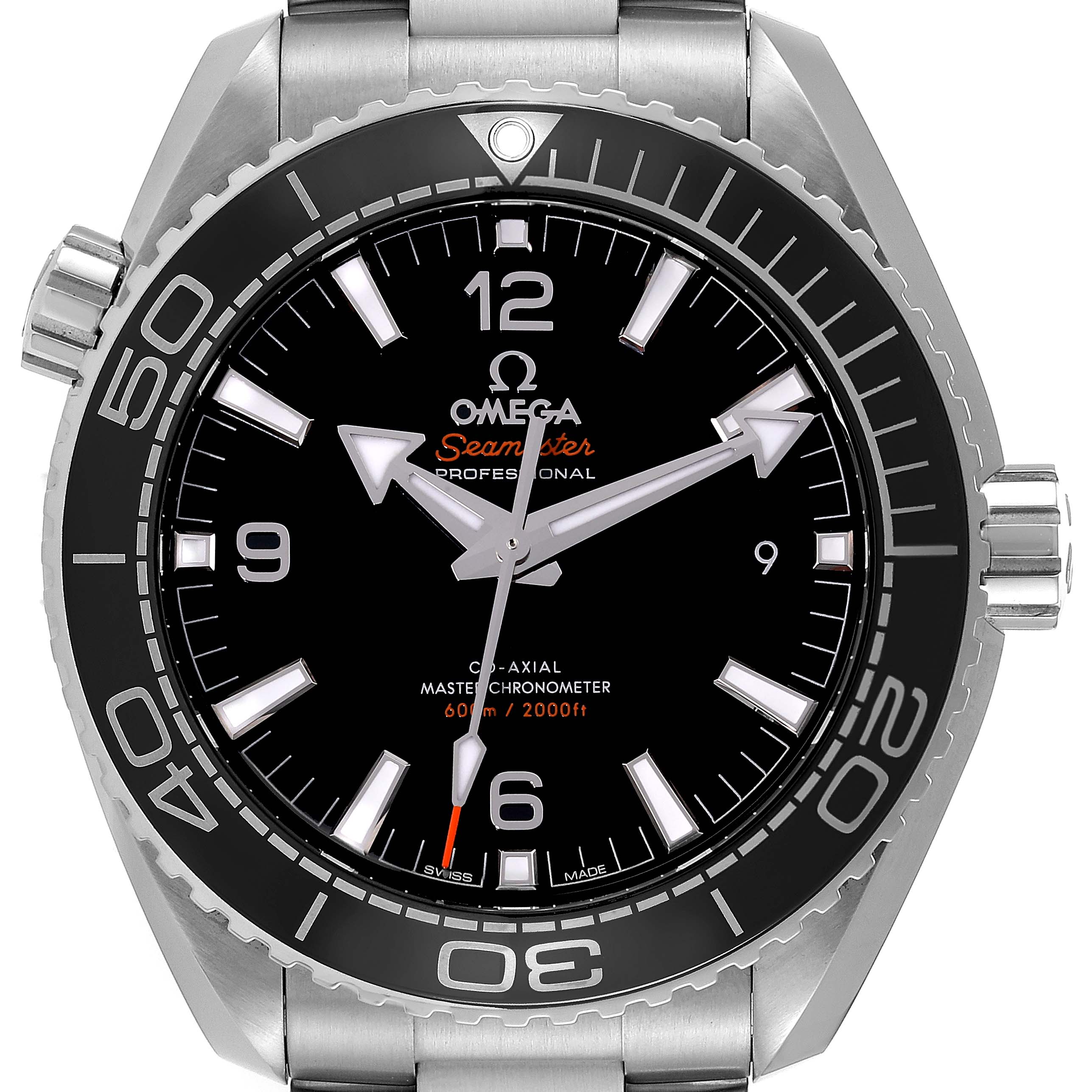The image shows a front view of an Omega Planet Ocean 215.30.44.21.01.001 Men
s Stainless Steel Black Dial 215.30.44.21.01.001 Men
s Stainless Steel Black Dial watch, including the dial, hands, bezel, and part of the bracelet.