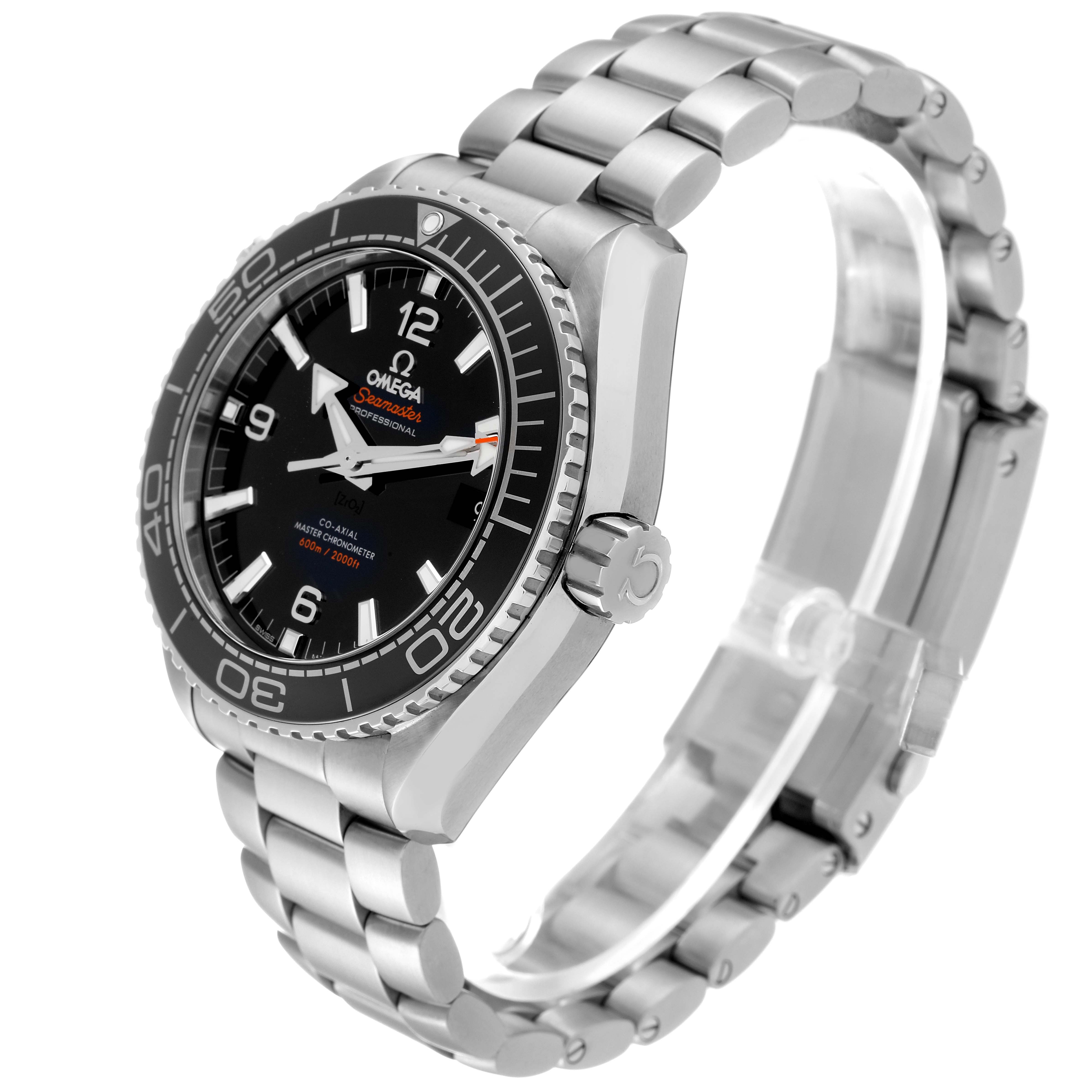 The Omega Planet Ocean 215.30.44.21.01.001 Men
s Stainless Steel Black Dial 215.30.44.21.01.001 Men
s Stainless Steel Black Dial watch is shown at an angled side view, displaying the face, bezel, crown, and bracelet.