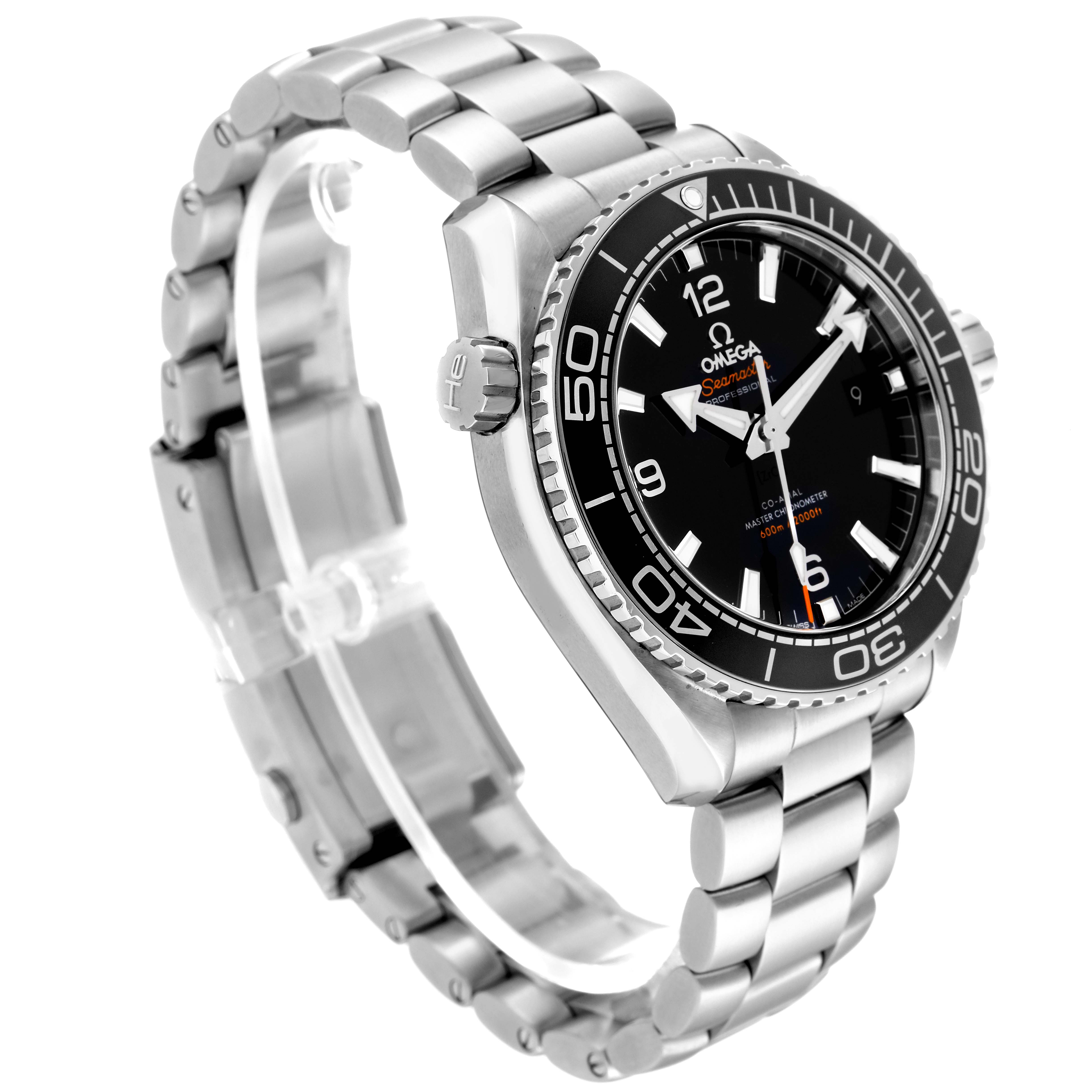 This image shows an Omega Planet Ocean 215.30.44.21.01.001 Men
s Stainless Steel Black Dial 215.30.44.21.01.001 Men
s Stainless Steel Black Dial watch at a three-quarter angle, focusing on its face, bezel, crown, and metallic bracelet.