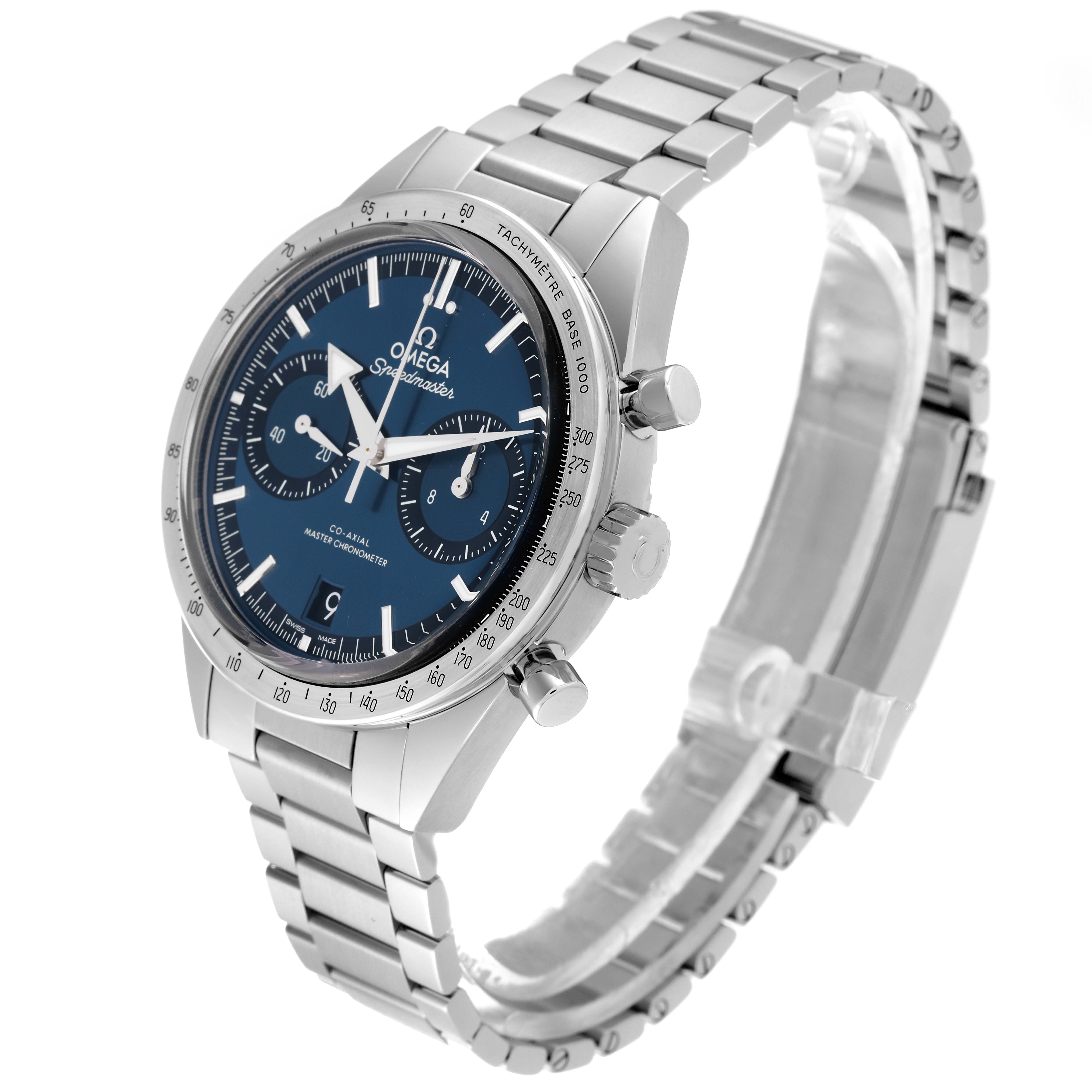 This image shows an Omega Speedmaster 332.10.41.51.03.001 Men
s Stainless Steel Blue Dial 332.10.41.51.03.001 Men
s Stainless Steel Blue Dial watch at an angled side view, highlighting the dial, bezel, pushers, crown, and bracelet.