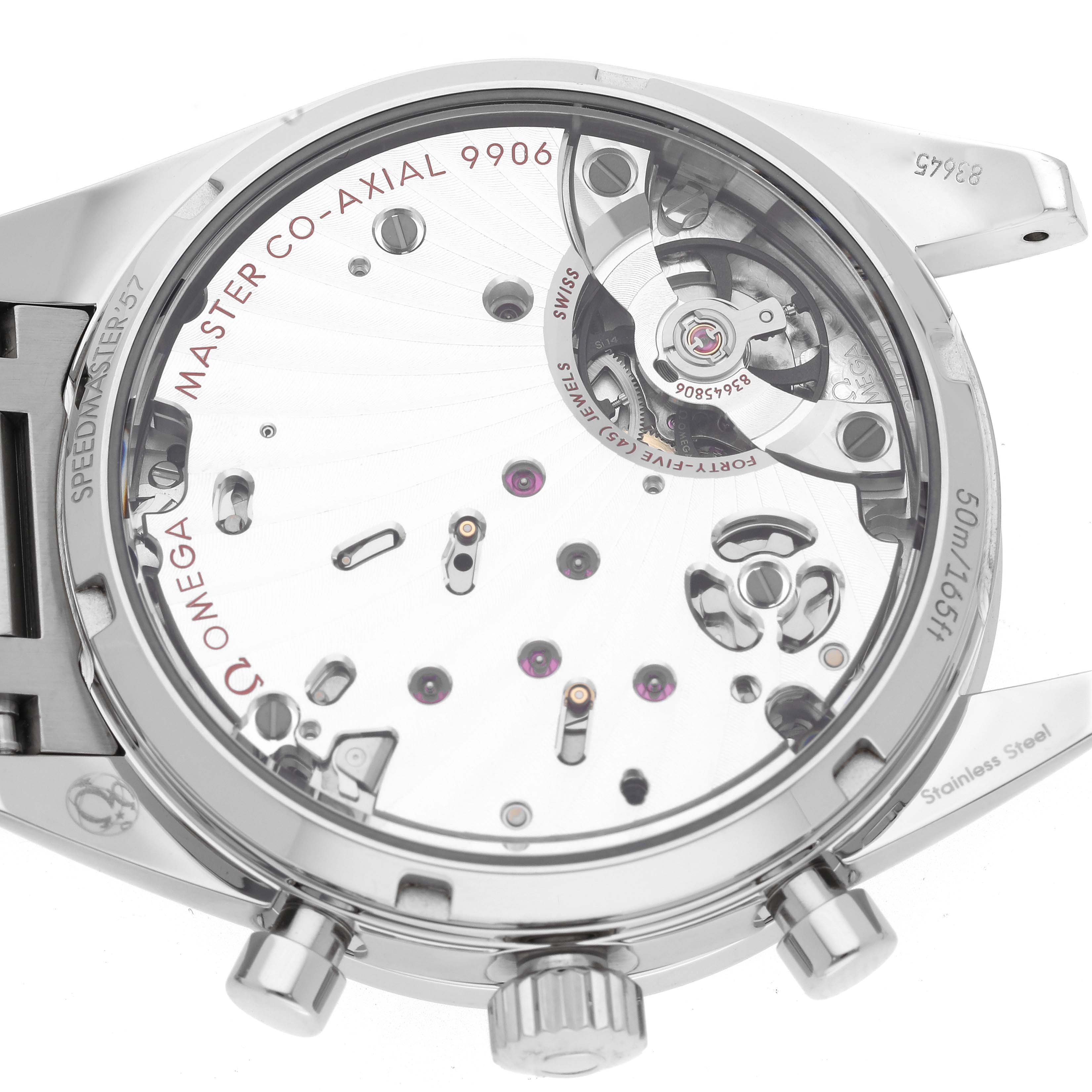 This is a rear view of an Omega Speedmaster 332.10.41.51.03.001 Men
s Stainless Steel Blue Dial 332.10.41.51.03.001 Men
s Stainless Steel Blue Dial watch showing the Master Co-Axial 9906 movement.