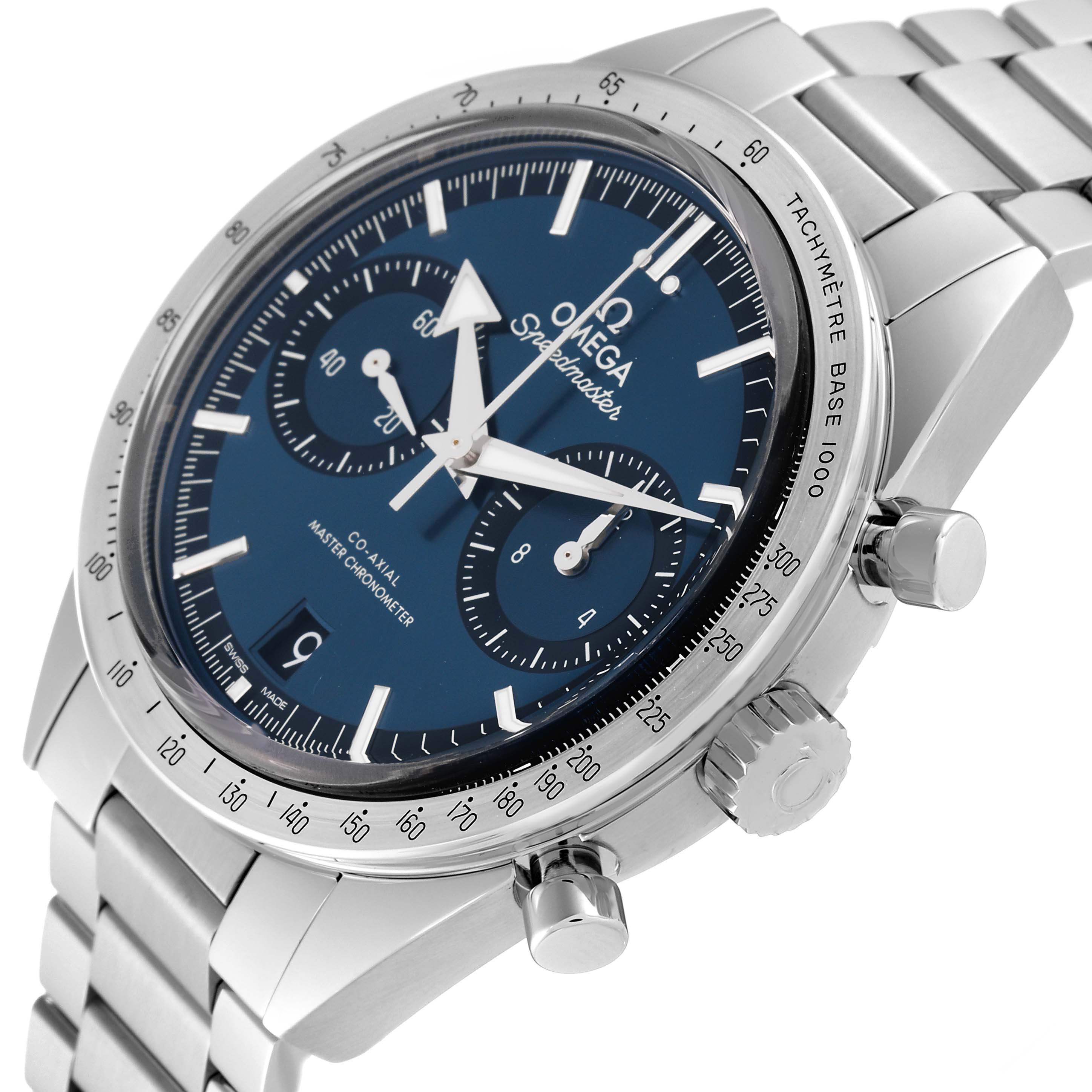 This image shows an oblique angle of an Omega Speedmaster 332.10.41.51.03.001 Men
s Stainless Steel Blue Dial 332.10.41.51.03.001 Men
s Stainless Steel Blue Dial watch, highlighting the face, bezel, crown, and stainless steel bracelet.