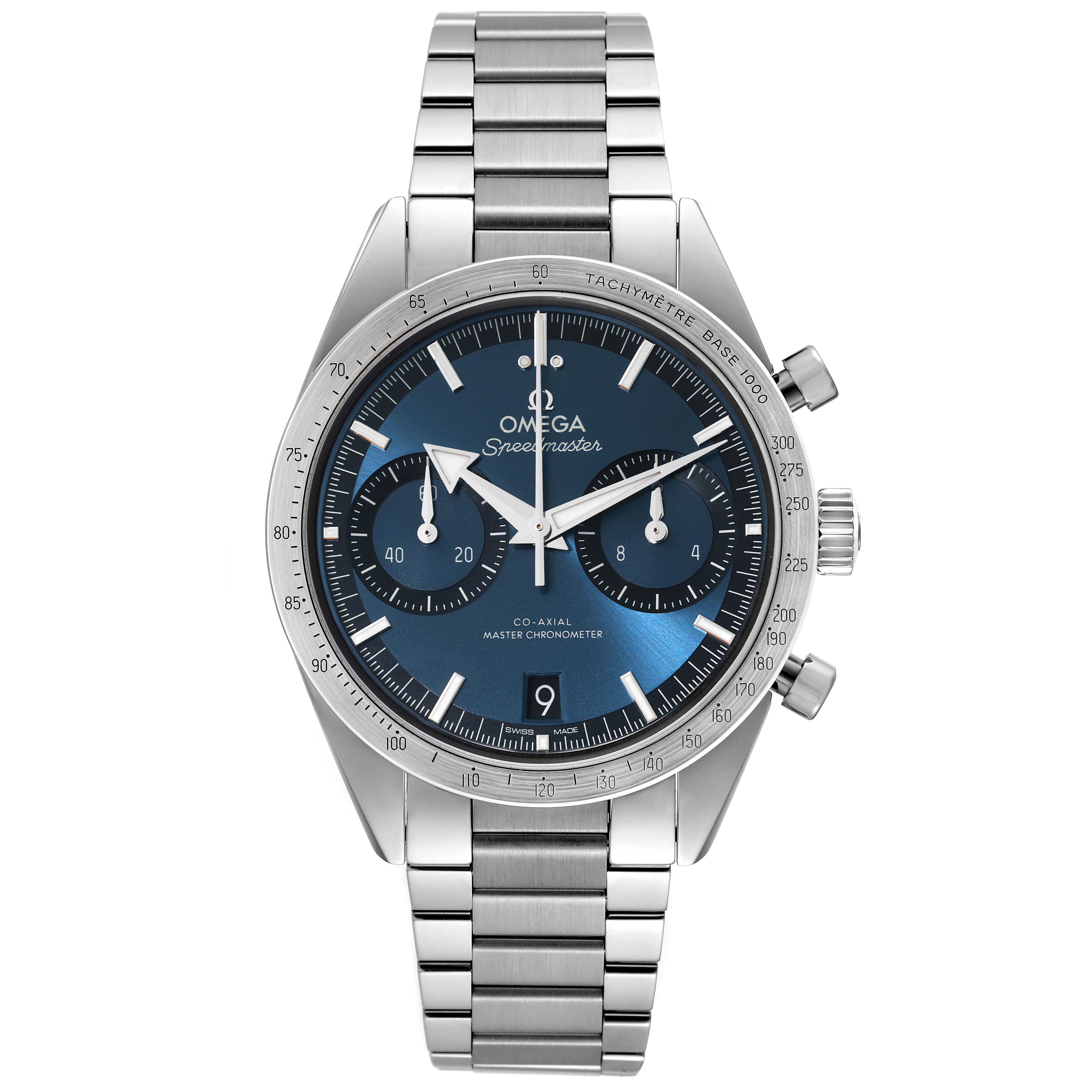 The Omega Speedmaster 332.10.41.51.03.001 Men
s Stainless Steel Blue Dial 332.10.41.51.03.001 Men
s Stainless Steel Blue Dial watch is shown from the front, displaying the face, bezel, crown, pushers, and stainless steel bracelet.